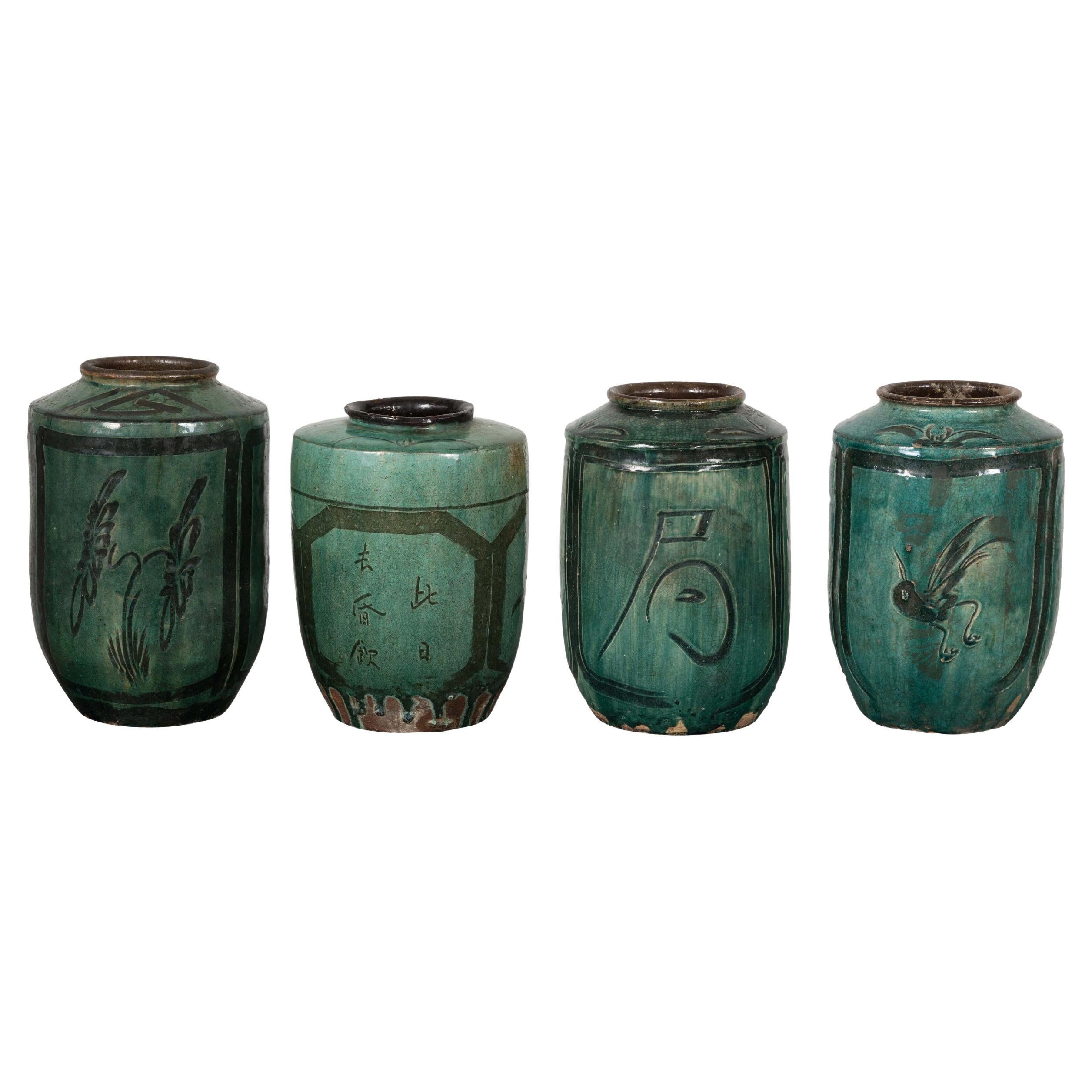 Four Green Antique Ceramic Jars, Sold Each For Sale