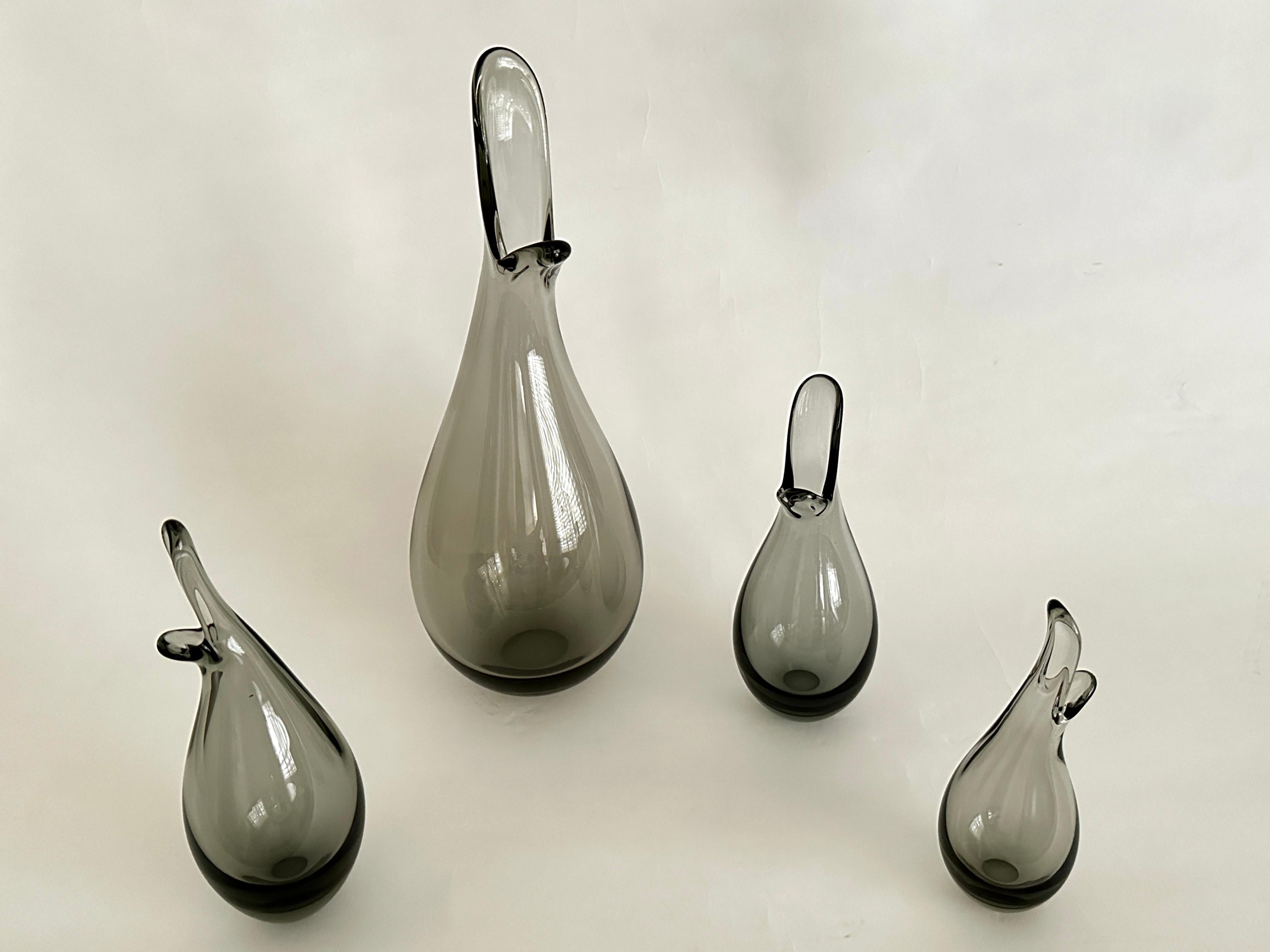 Scandinavian Modern Four Smoky Gray Per Lütken Designed Duckling Vases From Holmegaard For Sale