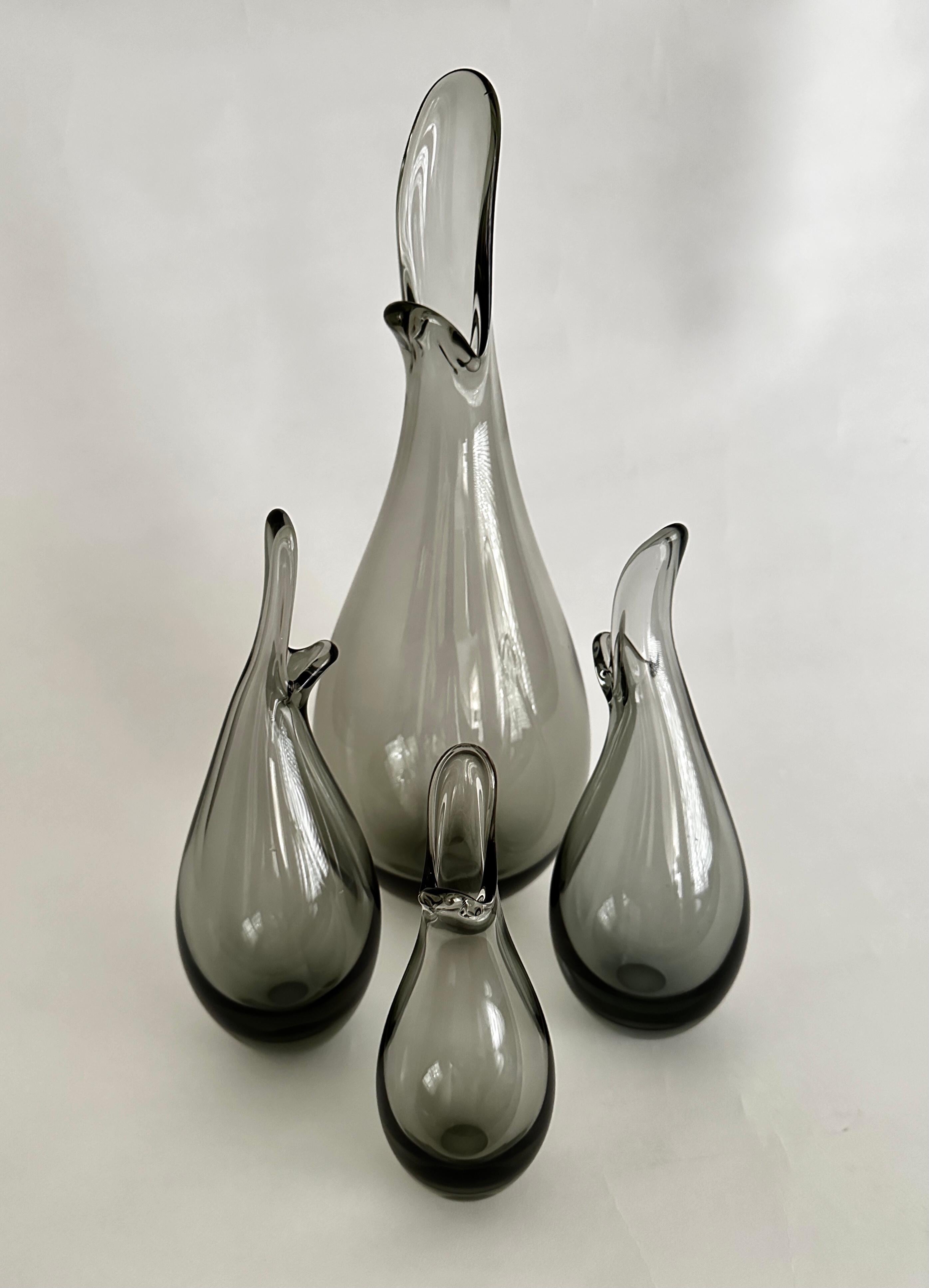 Danish Four Smoky Gray Per Lütken Designed Duckling Vases From Holmegaard For Sale