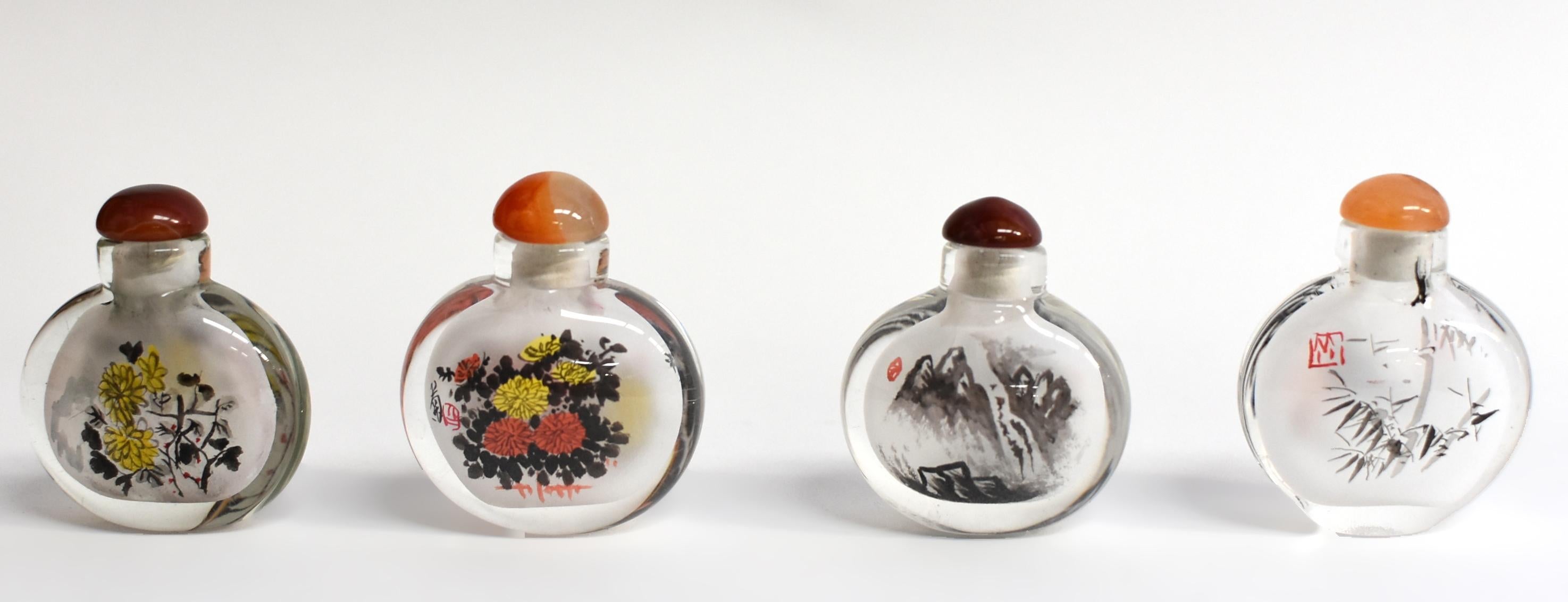 Chinese Four Snuff Bottles Inside Painted Natures Plants For Sale
