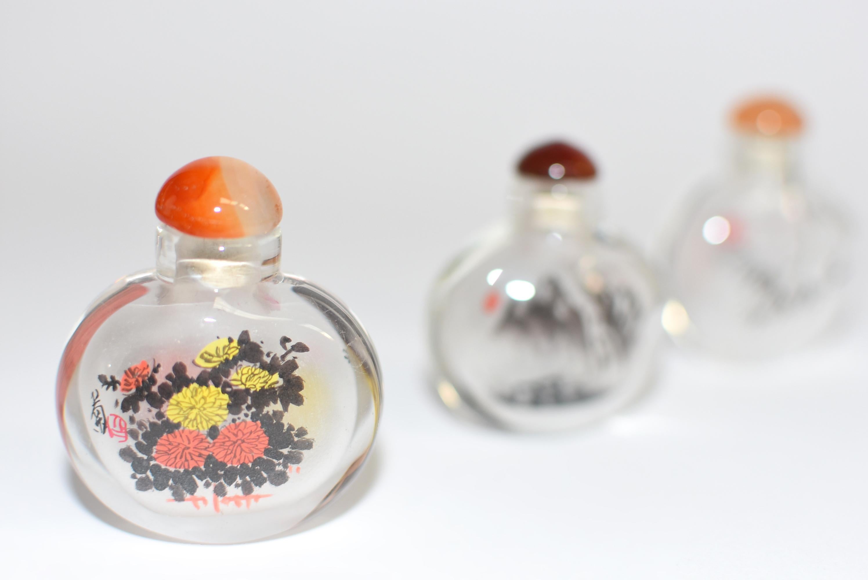 Four Snuff Bottles Inside Painted Natures Plants In Excellent Condition For Sale In Somis, CA