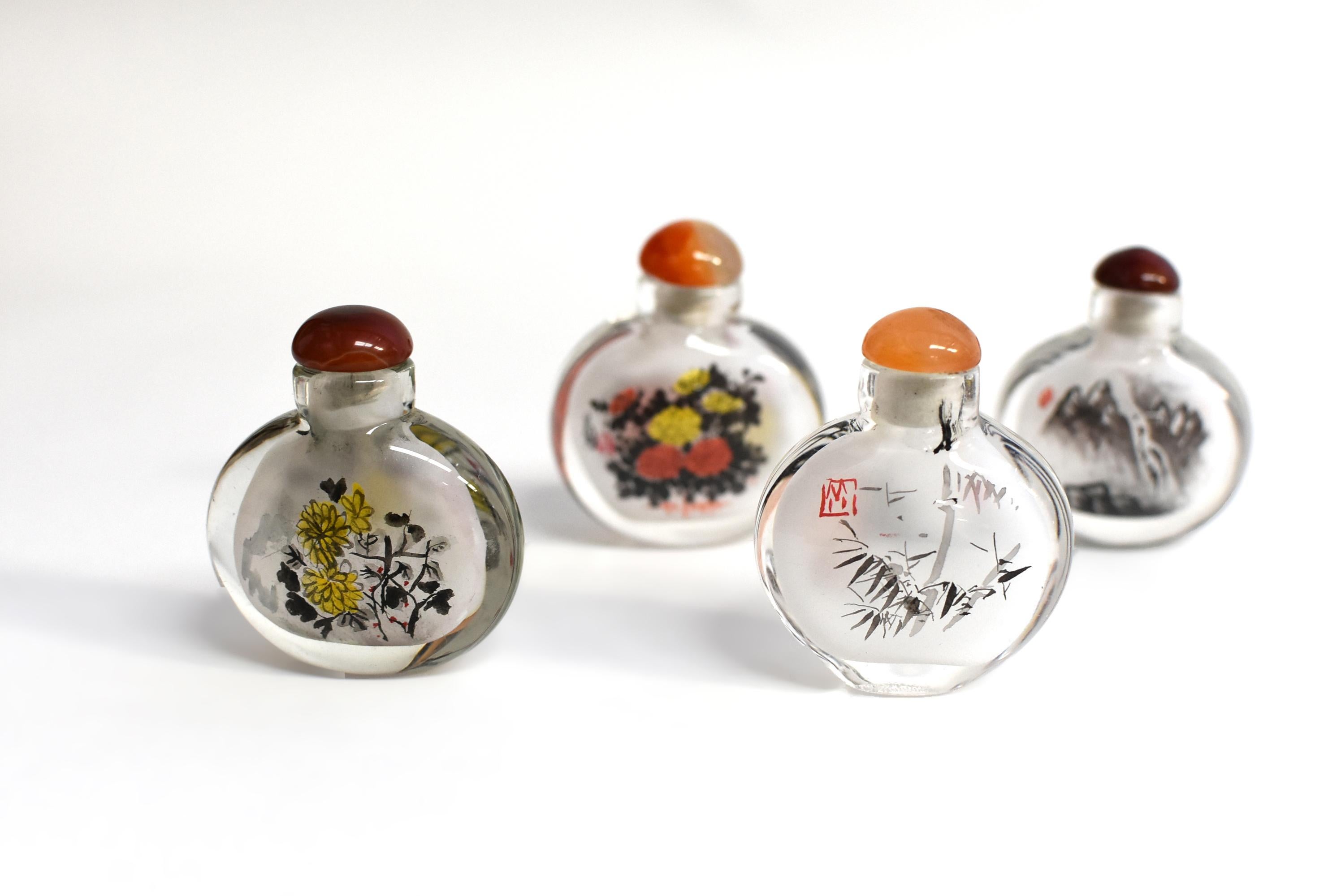 Contemporary Four Snuff Bottles Inside Painted Natures Plants For Sale