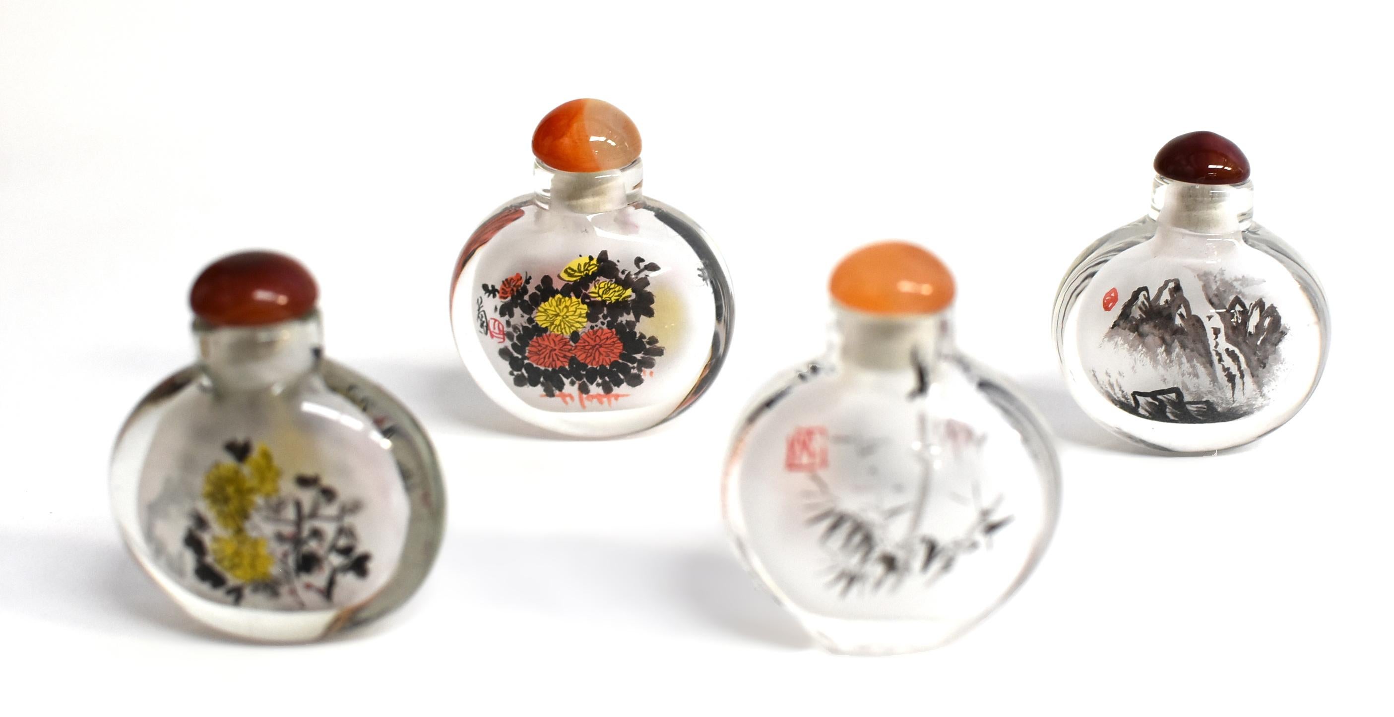 Agate Four Snuff Bottles Inside Painted Natures Plants For Sale