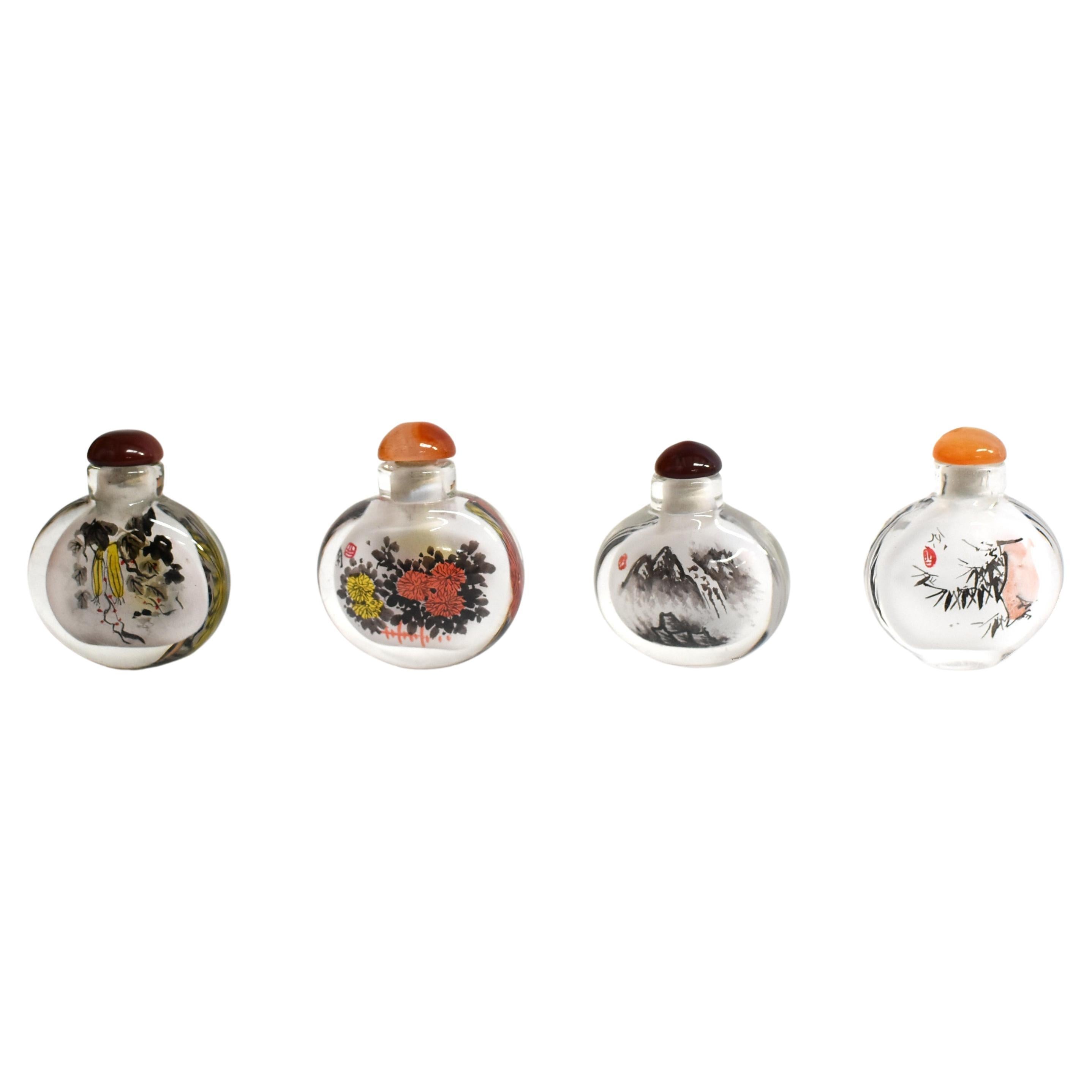 Four Snuff Bottles Inside Painted Natures Plants
