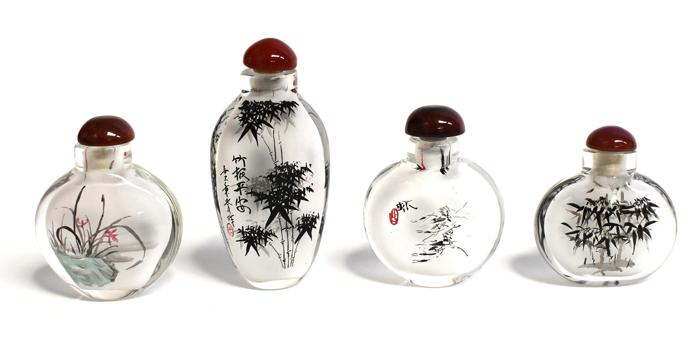 Hand-Painted Four Snuff Bottles Inside Painted Qi Bai Shi Style For Sale