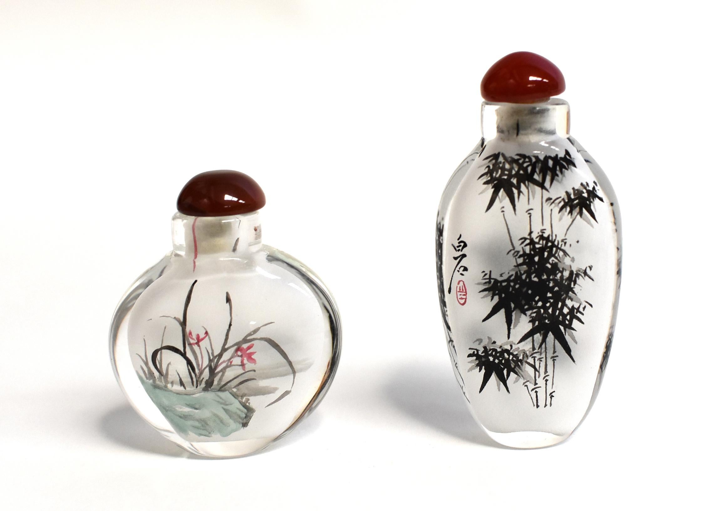 Agate Four Snuff Bottles Inside Painted Qi Bai Shi Style For Sale