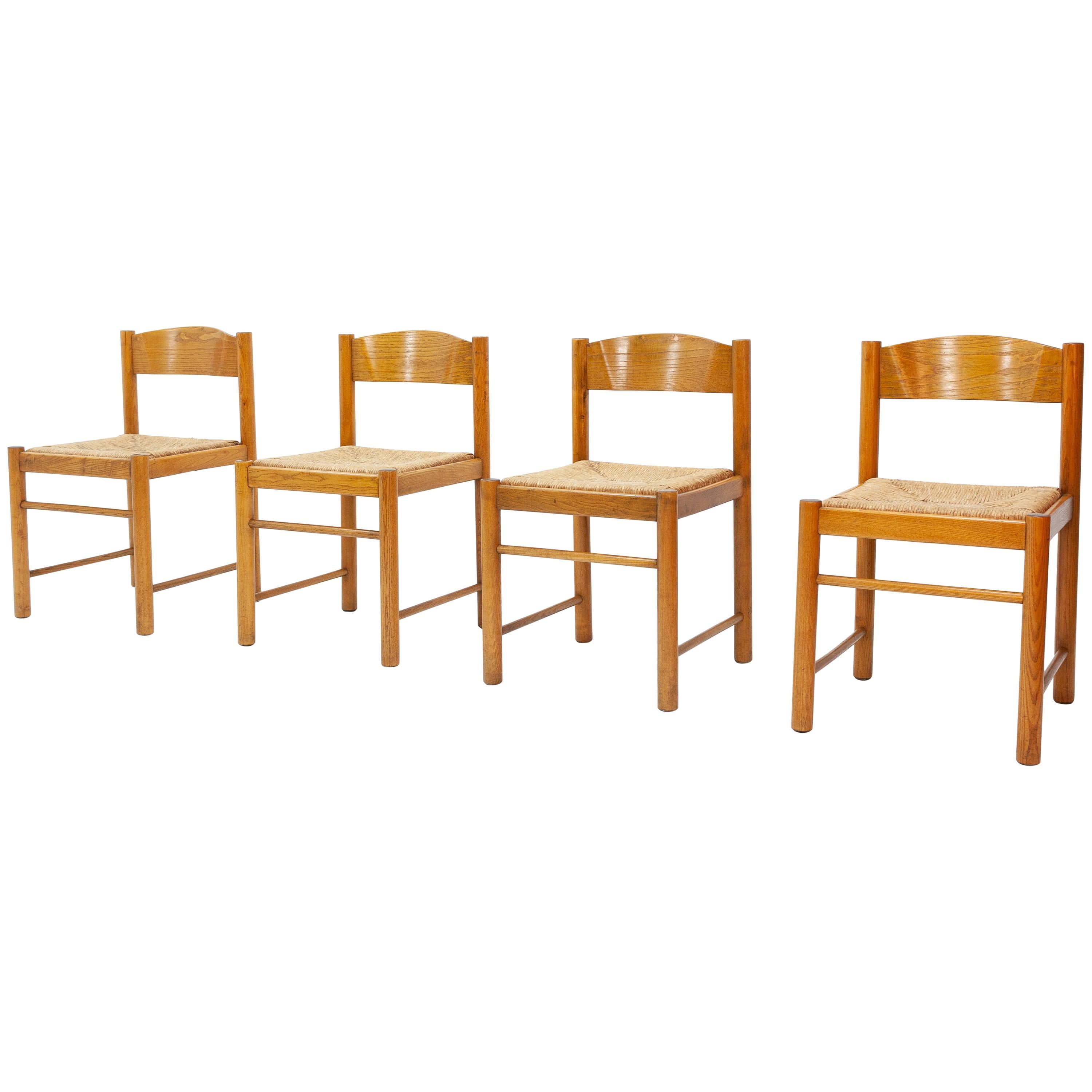 Four Solid Ash and Rattan Chairs in the Style of Charlotte Perriand at ...