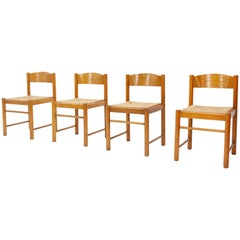 Four Solid Ash and Rattan Chairs in the Style of Charlotte Perriand