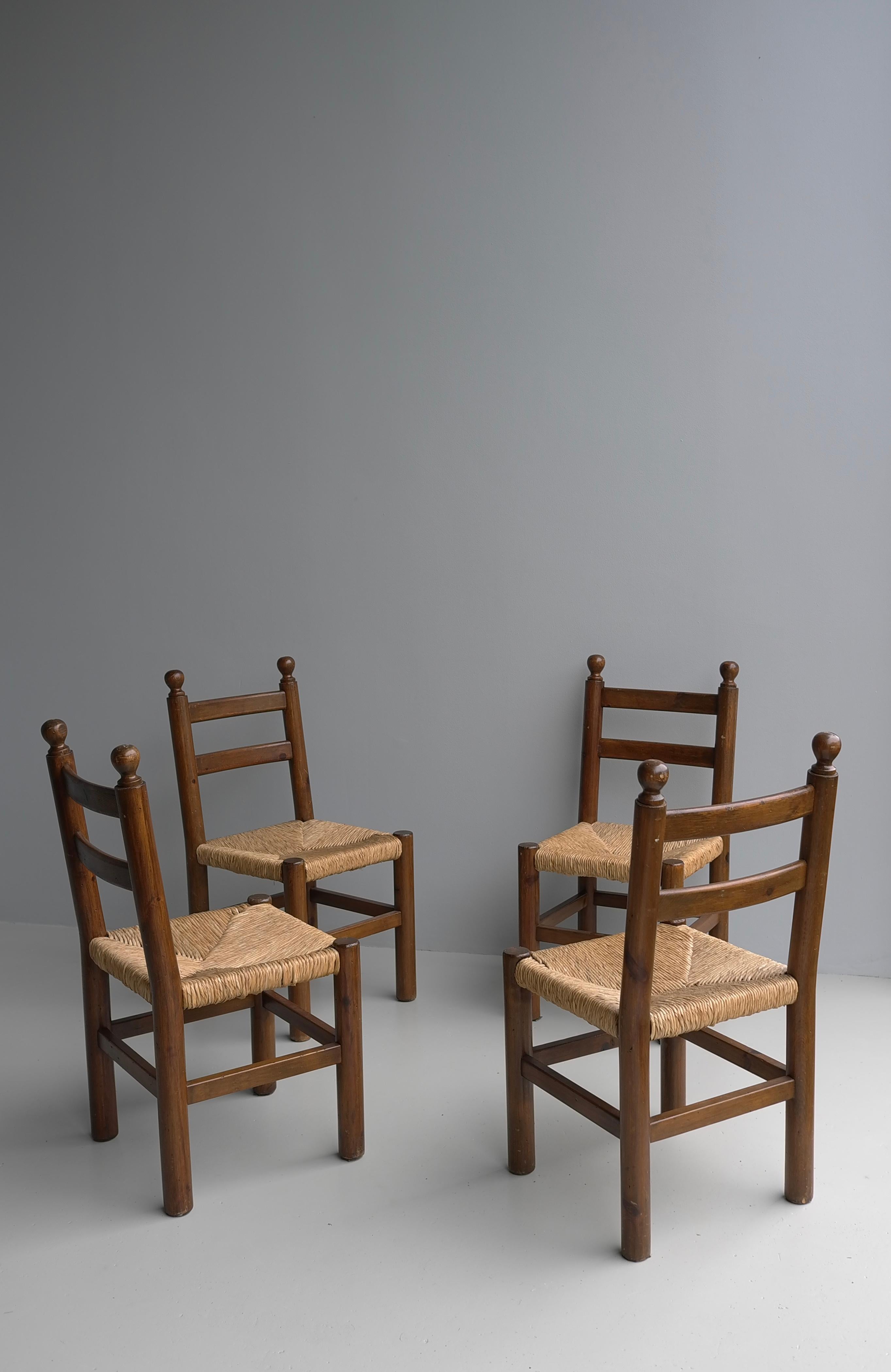 Four Solid Pine dining room chairs wit Rush seats in Style of Charles Dudouyt For Sale 4