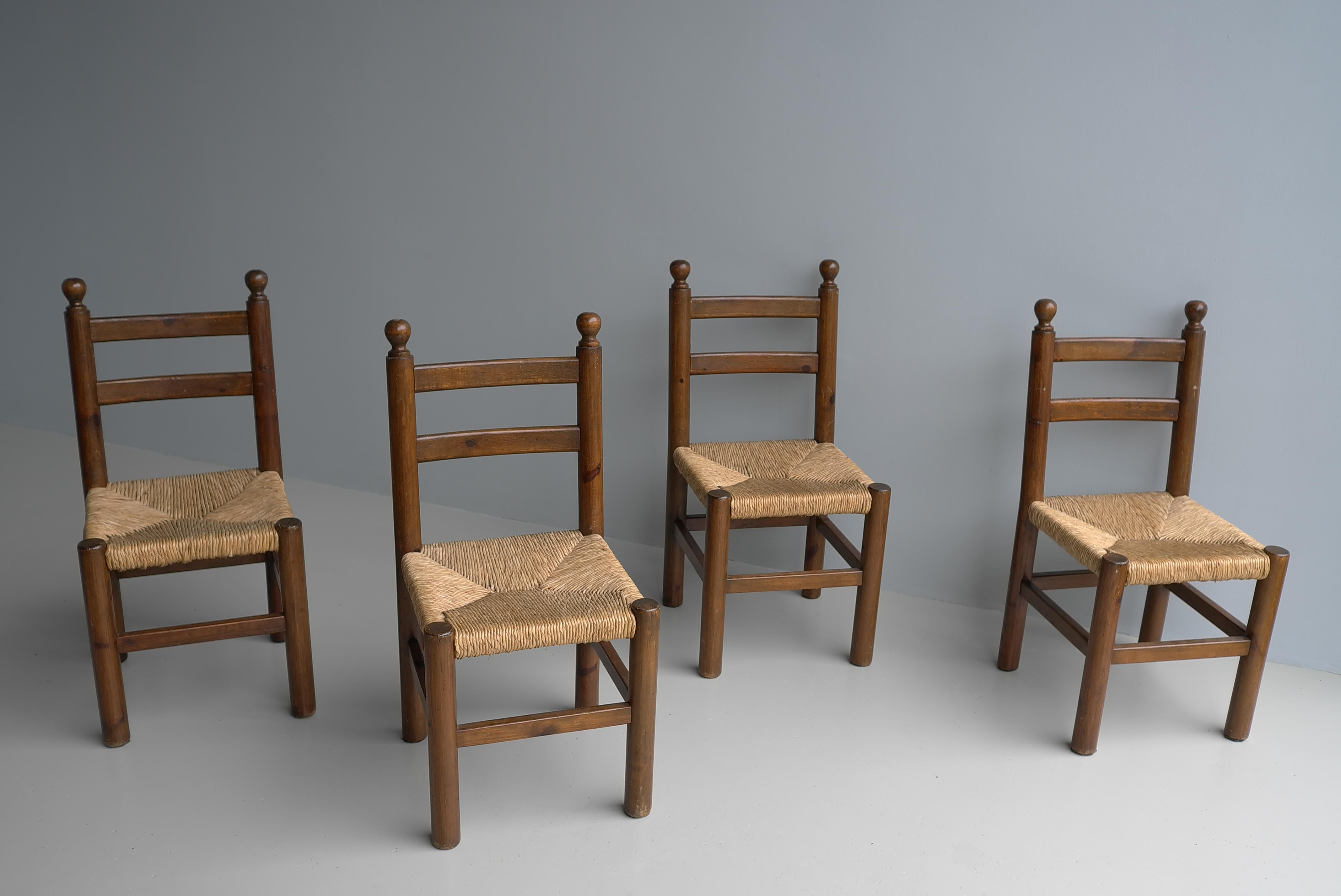 Four Solid Pine dining room chairs wit Rush seats in Style of Charles Dudouyt For Sale 6