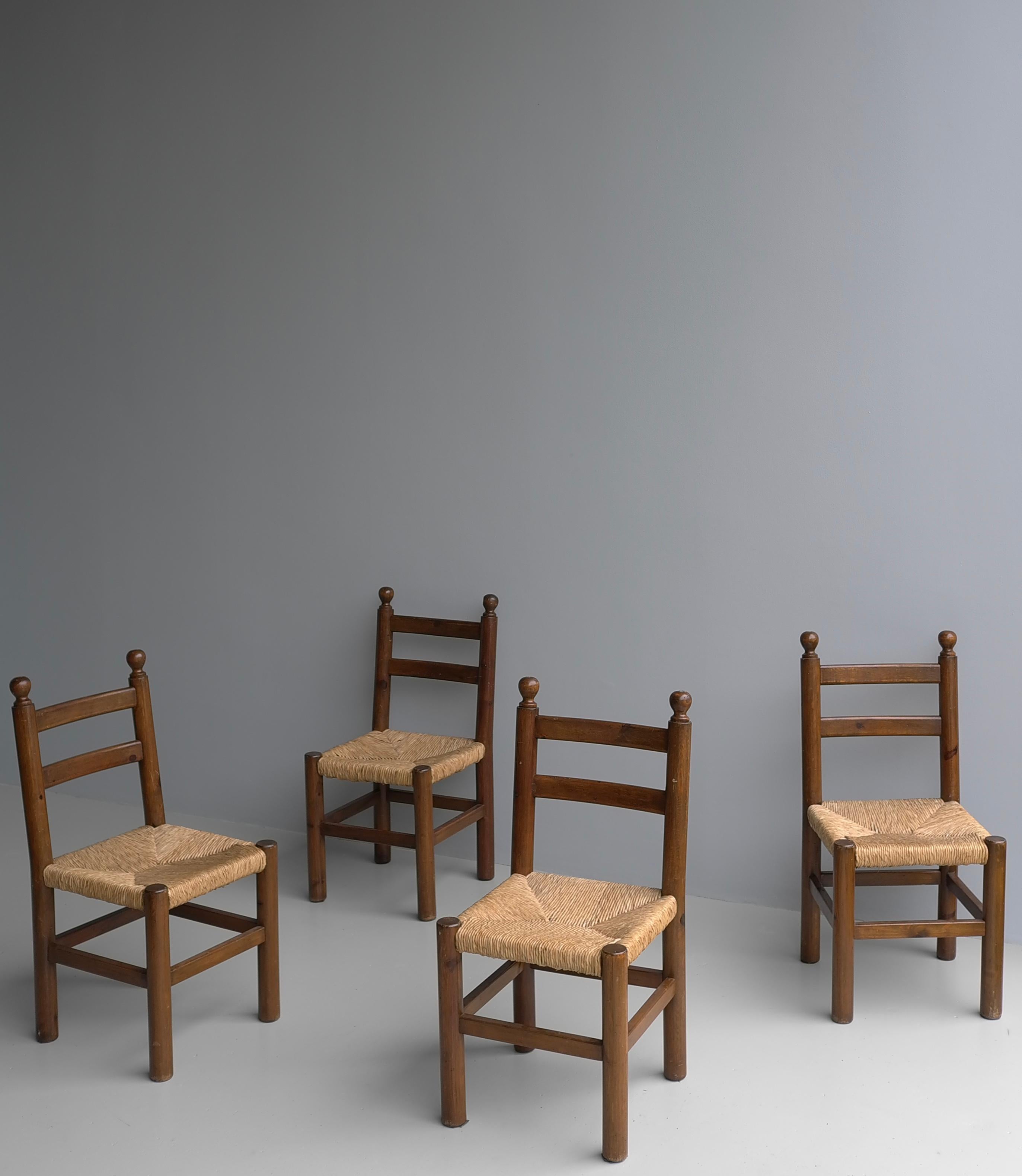 Mid-Century Modern Four Solid Pine dining room chairs wit Rush seats in Style of Charles Dudouyt For Sale