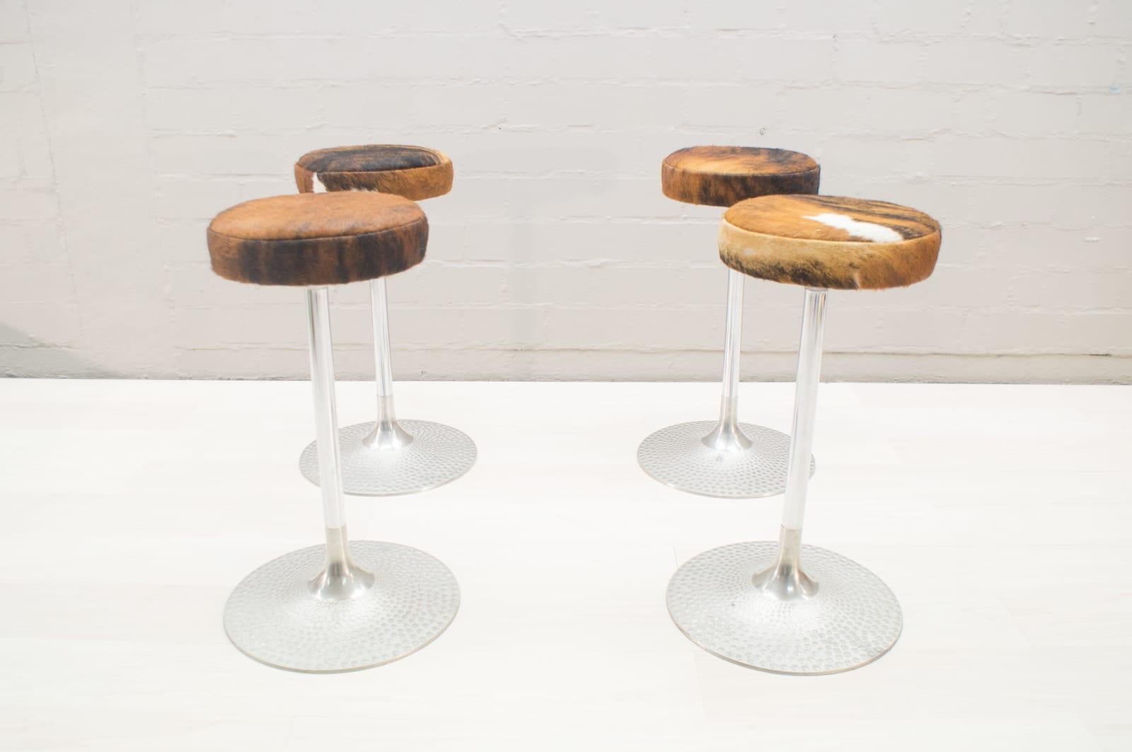 French Four Space Age Cowhide / Aluminium Bar Stools, 1960s