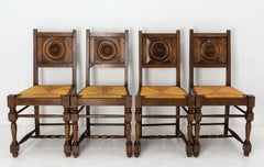 Four Spanish Basque Dining Chairs Rush Seats, Mid Century 1940