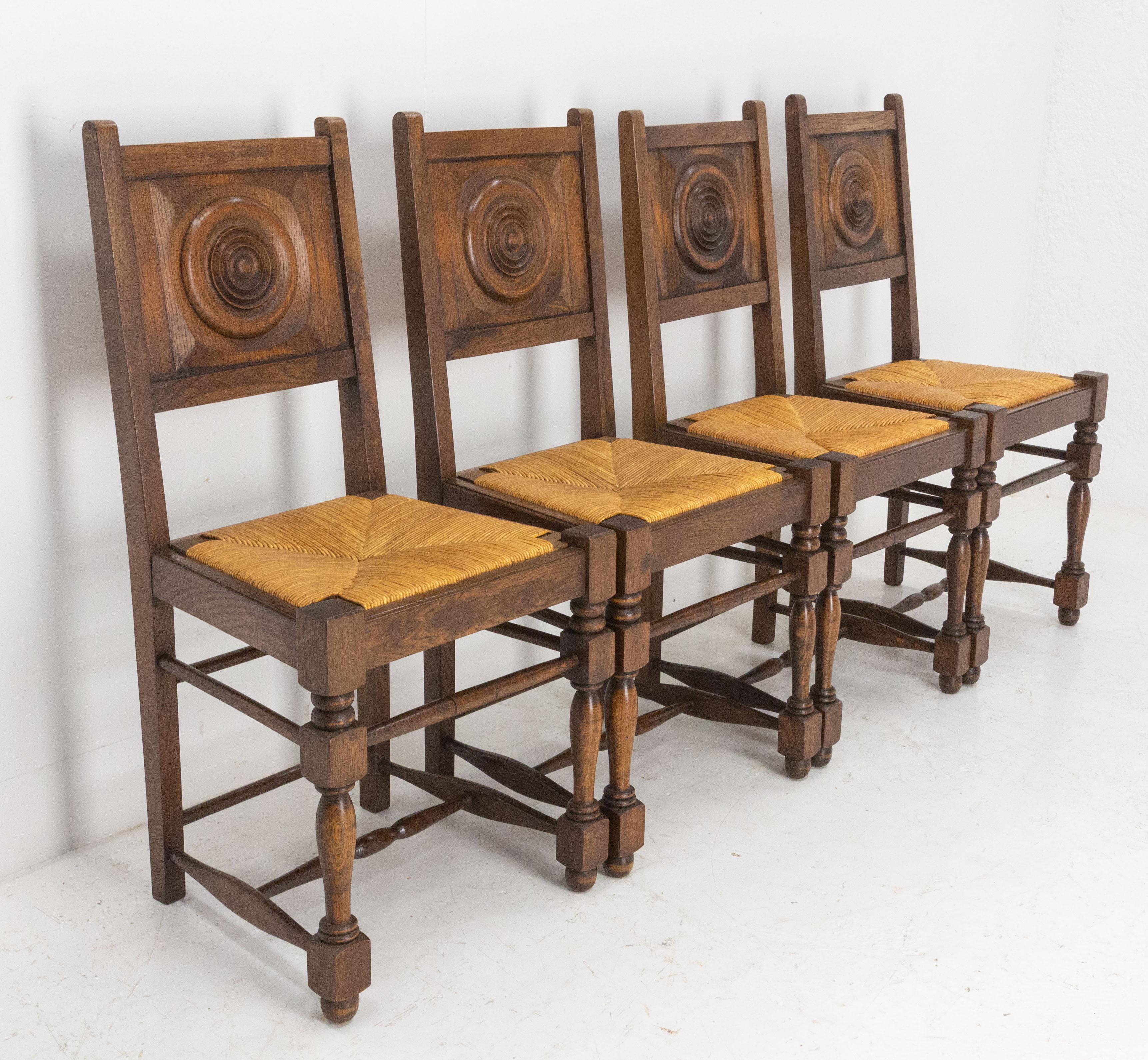 Mid-Century Modern Four Spanish Basque Dining Chairs Rush Seats, Mid Century 1940