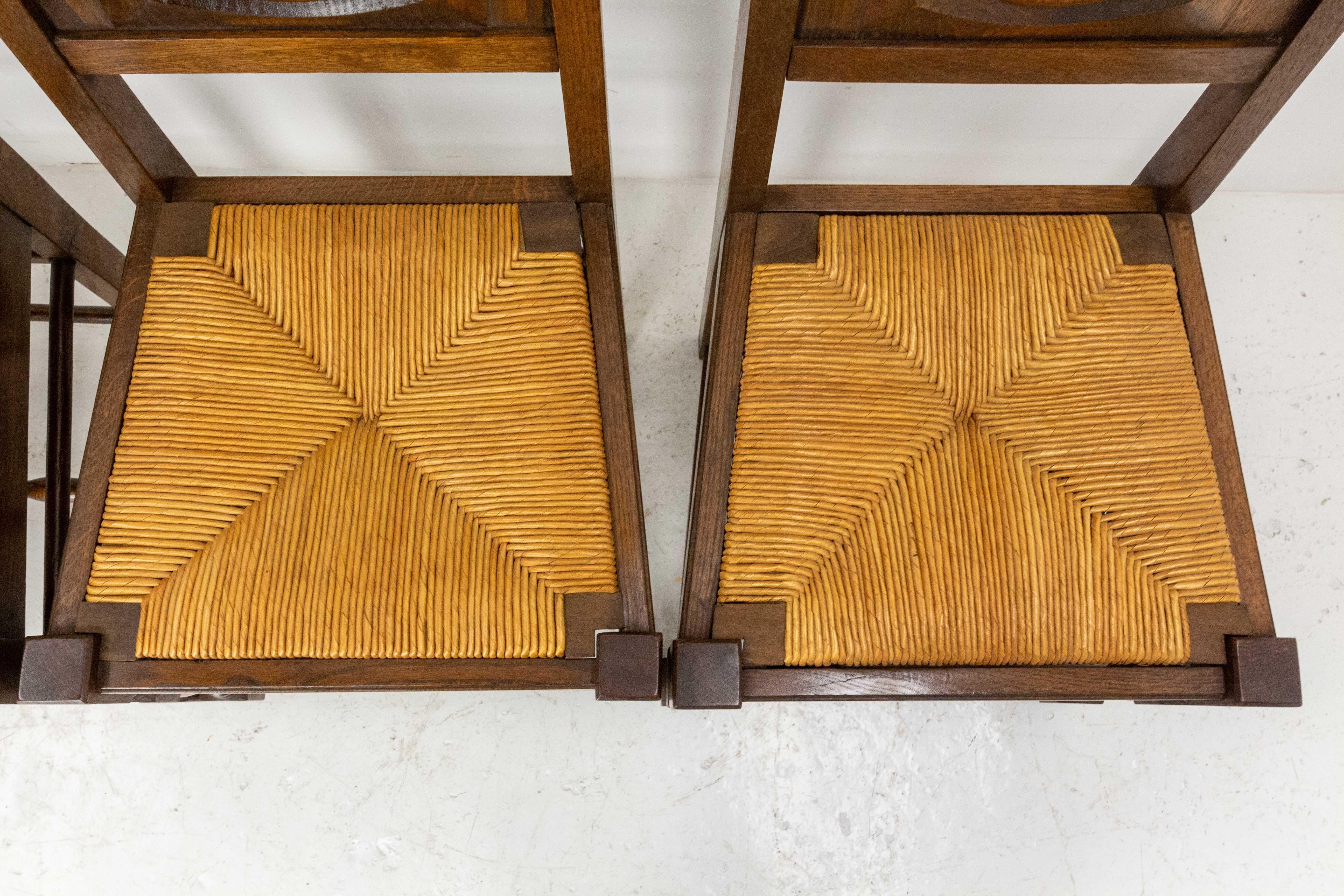 Mid-20th Century Four Spanish Basque Dining Chairs Rush Seats, Mid Century 1940