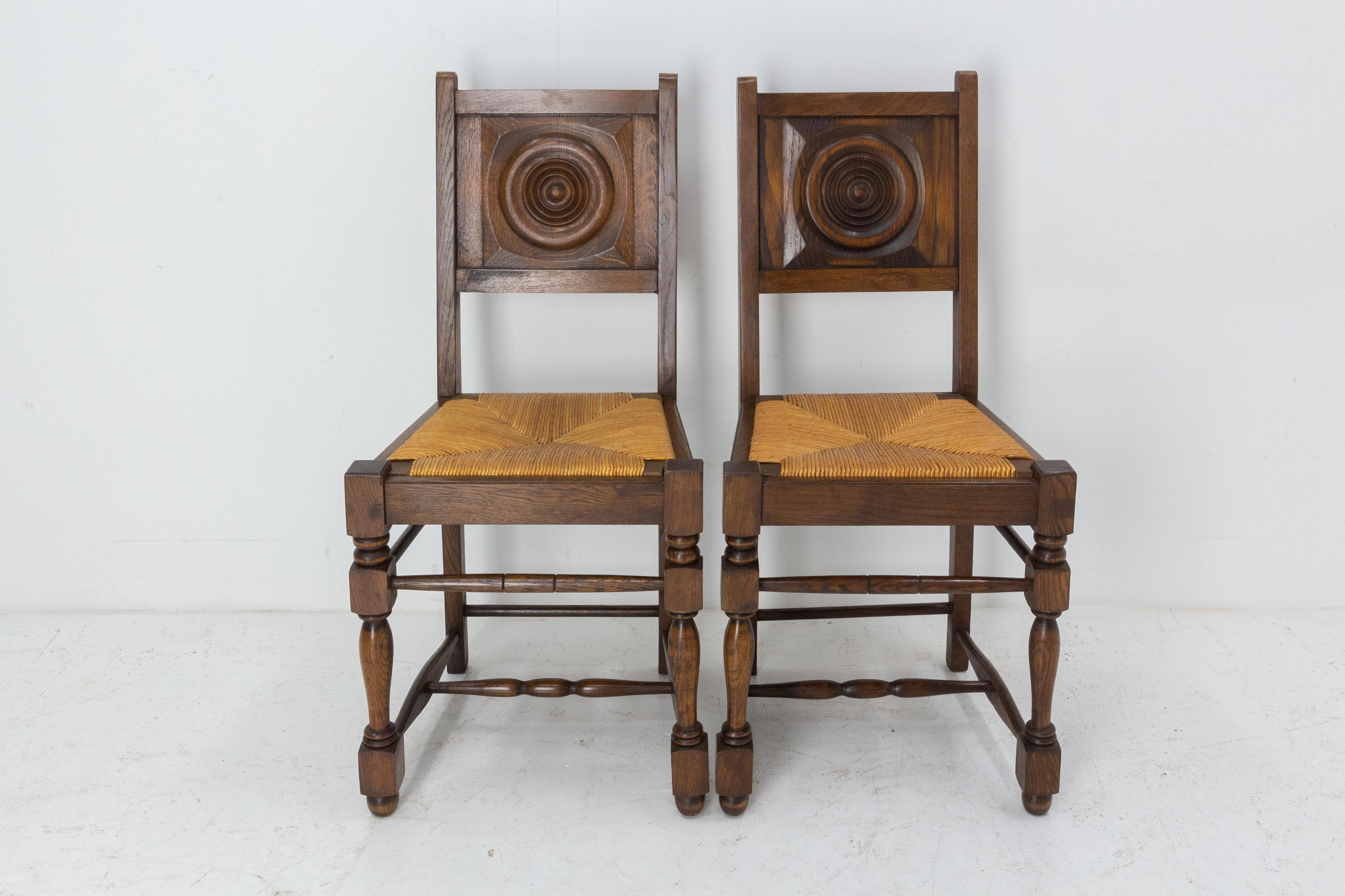 Four Spanish Basque Dining Chairs Rush Seats, Mid Century 1940 2