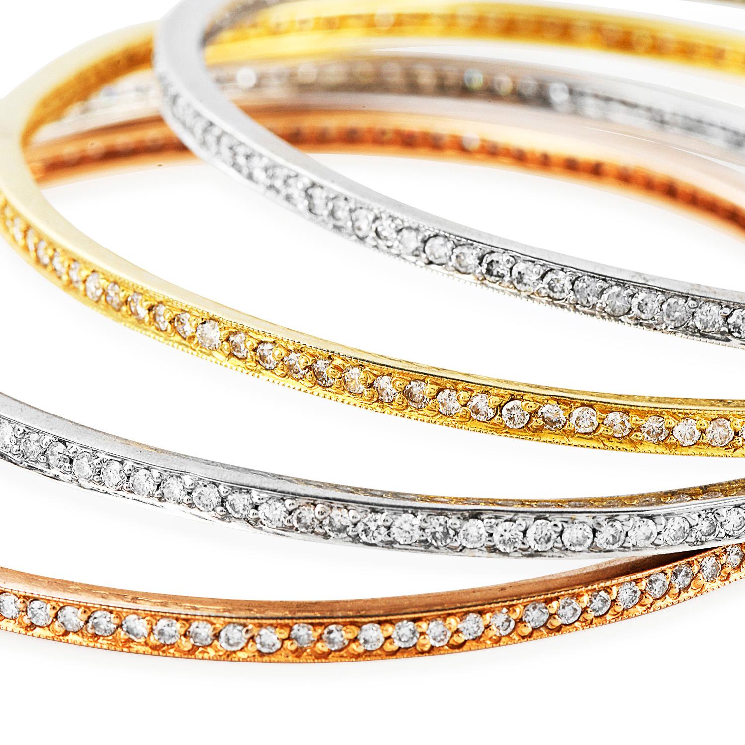 Modern Four Stackable 5.60cts Diamond Gold Eternity Bangle Bracelet