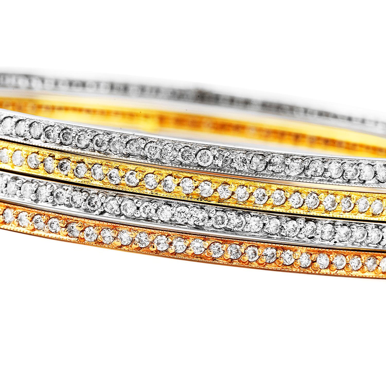 Women's or Men's Four Stackable 5.60cts Diamond Gold Eternity Bangle Bracelet