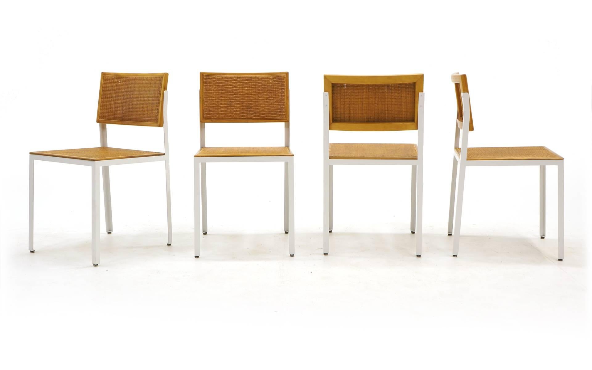 Mid-Century Modern Four Steel Frame Dining Chairs by George Nelson, White Frames, Cane Seats/Backs