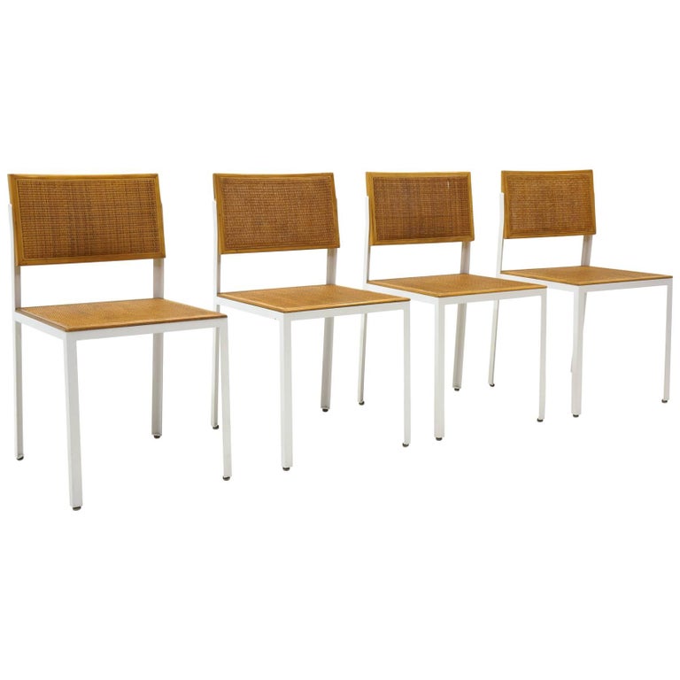 Four Steel Frame Dining Chairs by Nelson, White Frames, Cane