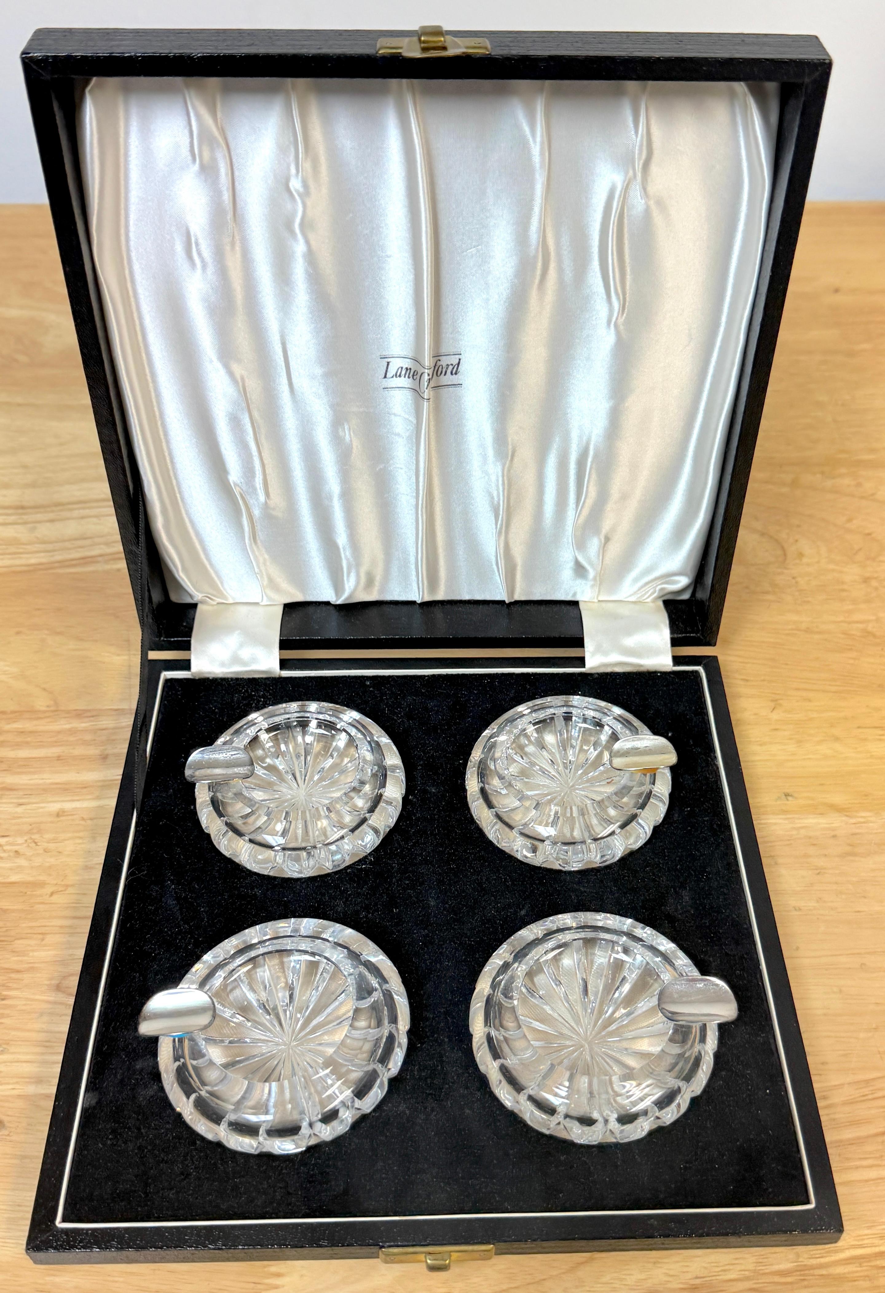 Cuatro Ceniceros Individuales de Cristal y Plata de Ley de Lane Crawford, en Caja de Cuero Hong Kong en venta