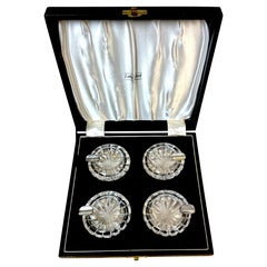 Cuatro Ceniceros Individuales de Cristal y Plata de Ley de Lane Crawford, en Caja de Cuero