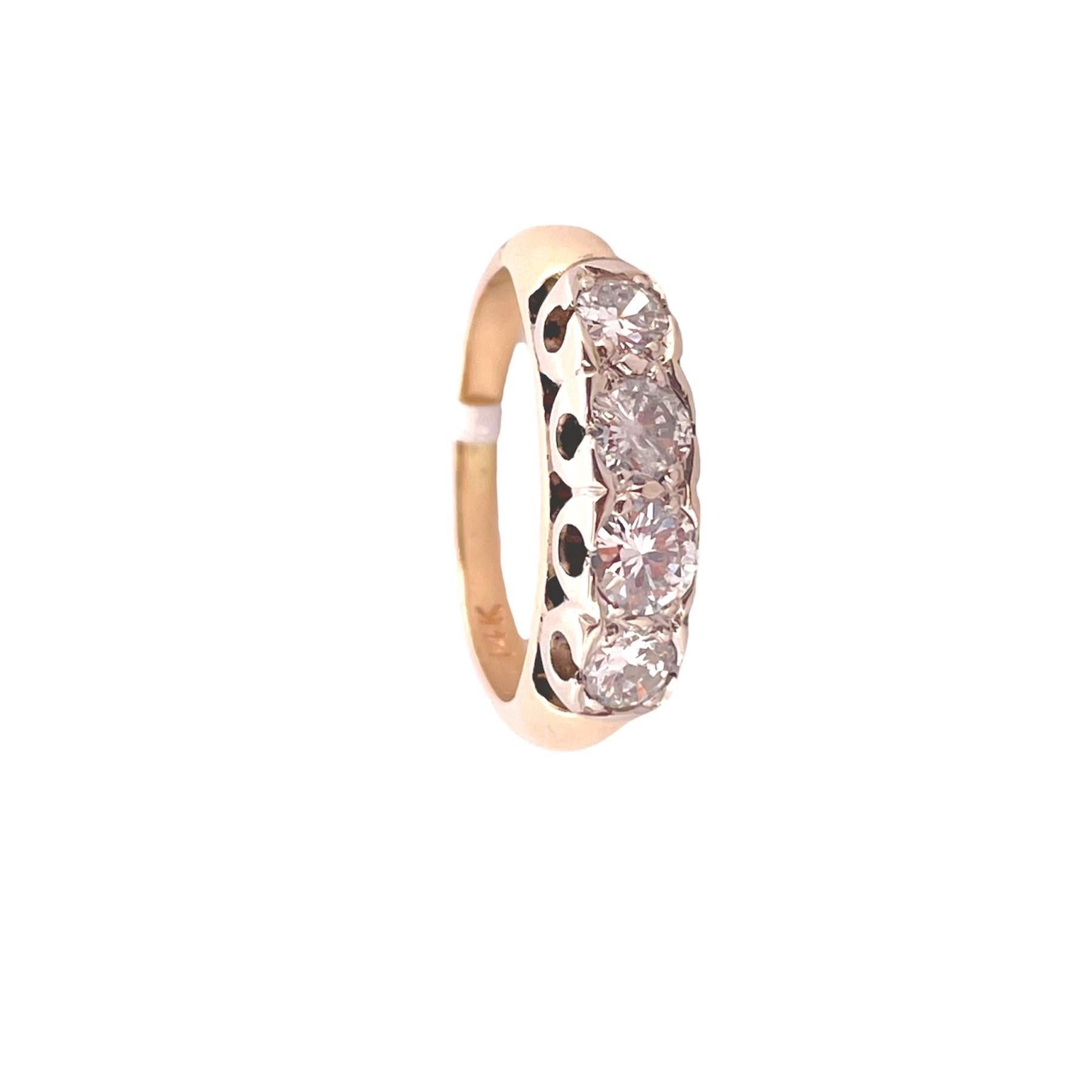 Elevate your jewelry collection with this Classic four-Stone Diamond ring. Showcasing a total carat weight (TCW) of 1.00 in I/J color diamonds with SI clarity.
Crafted in lustrous 14K yellow gold and weighing 3.06 grams, this band exudes timeless