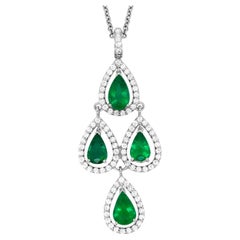 Four Stone Pear Shape Emerald Diamond Halo Fashion Pendant 14K White Gold