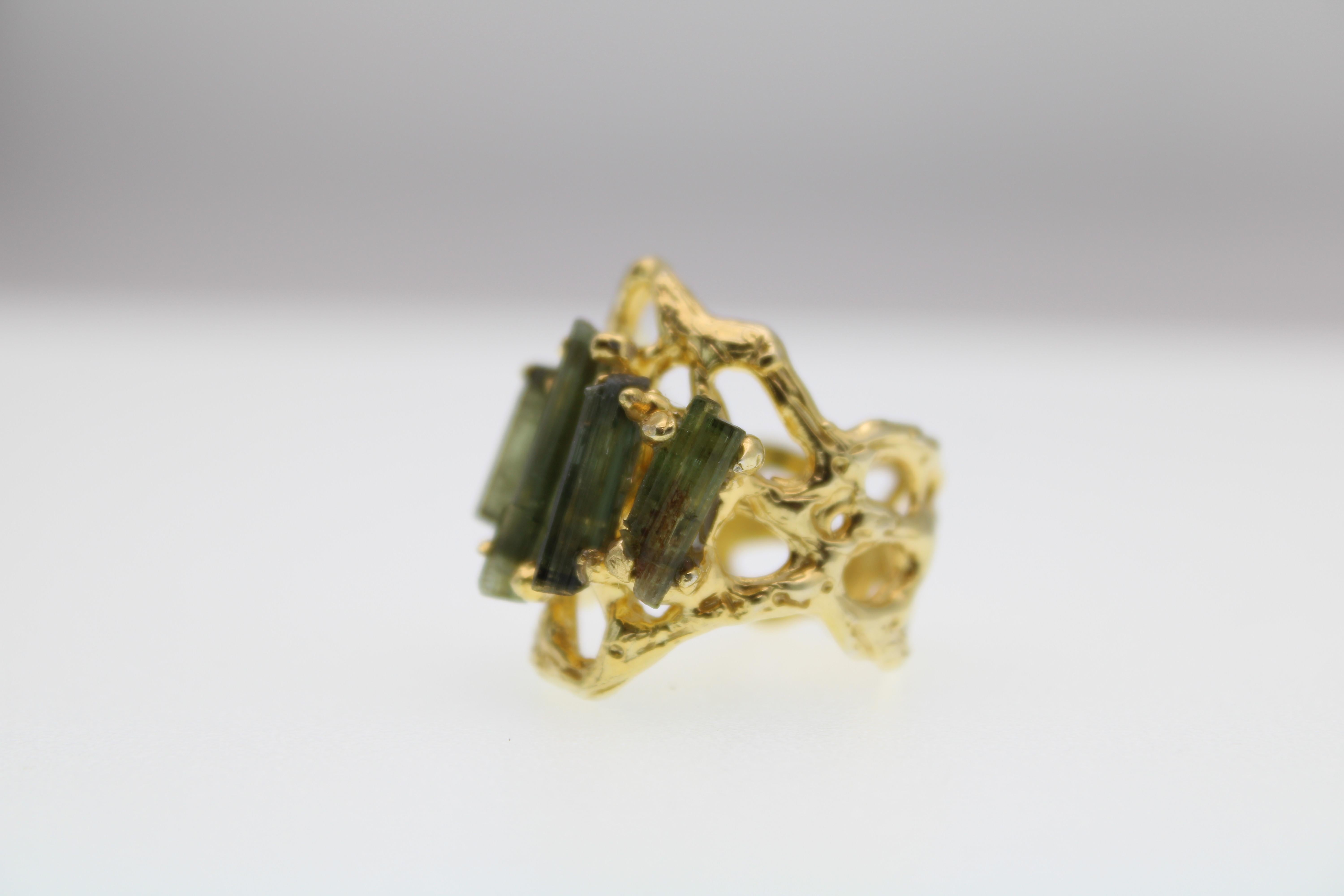Modern Four Stones Green Tourmaline Gold Plated Cocktail Ring  For Sale