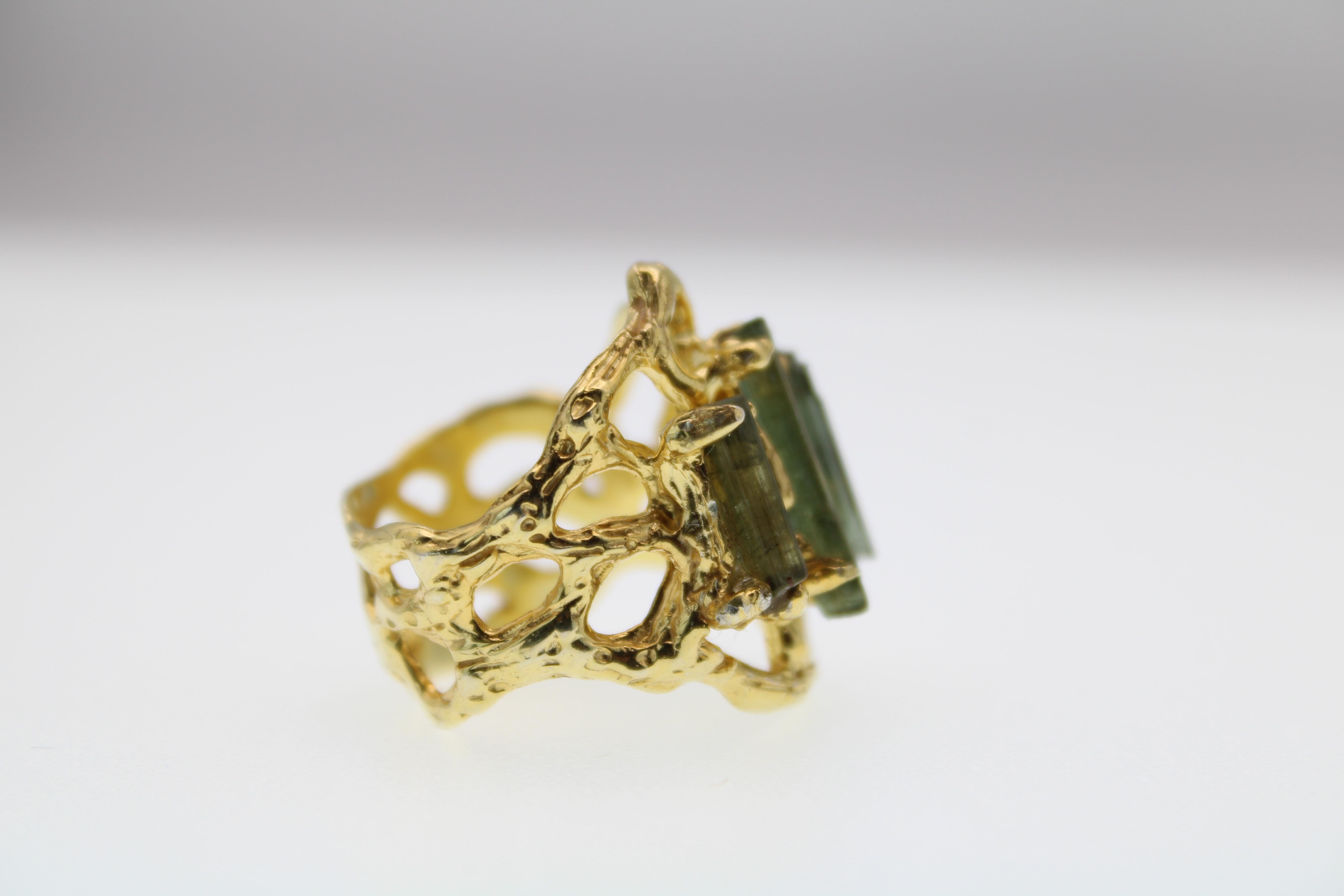 Four Stones Green Tourmaline Gold Plated Cocktail Ring  In New Condition For Sale In Amagansett, NY