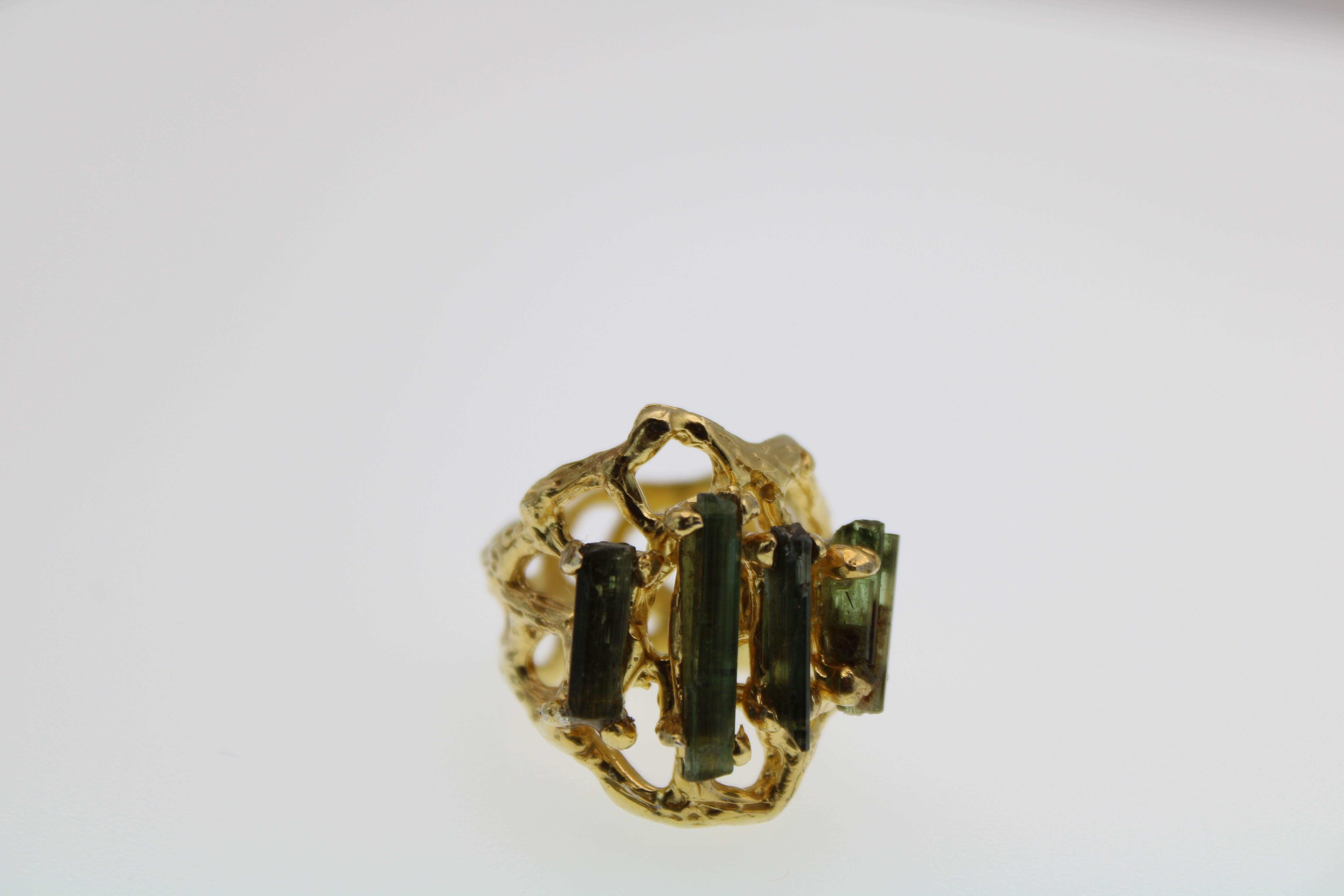 Four Stones Green Tourmaline Gold Plated Cocktail Ring  For Sale 1