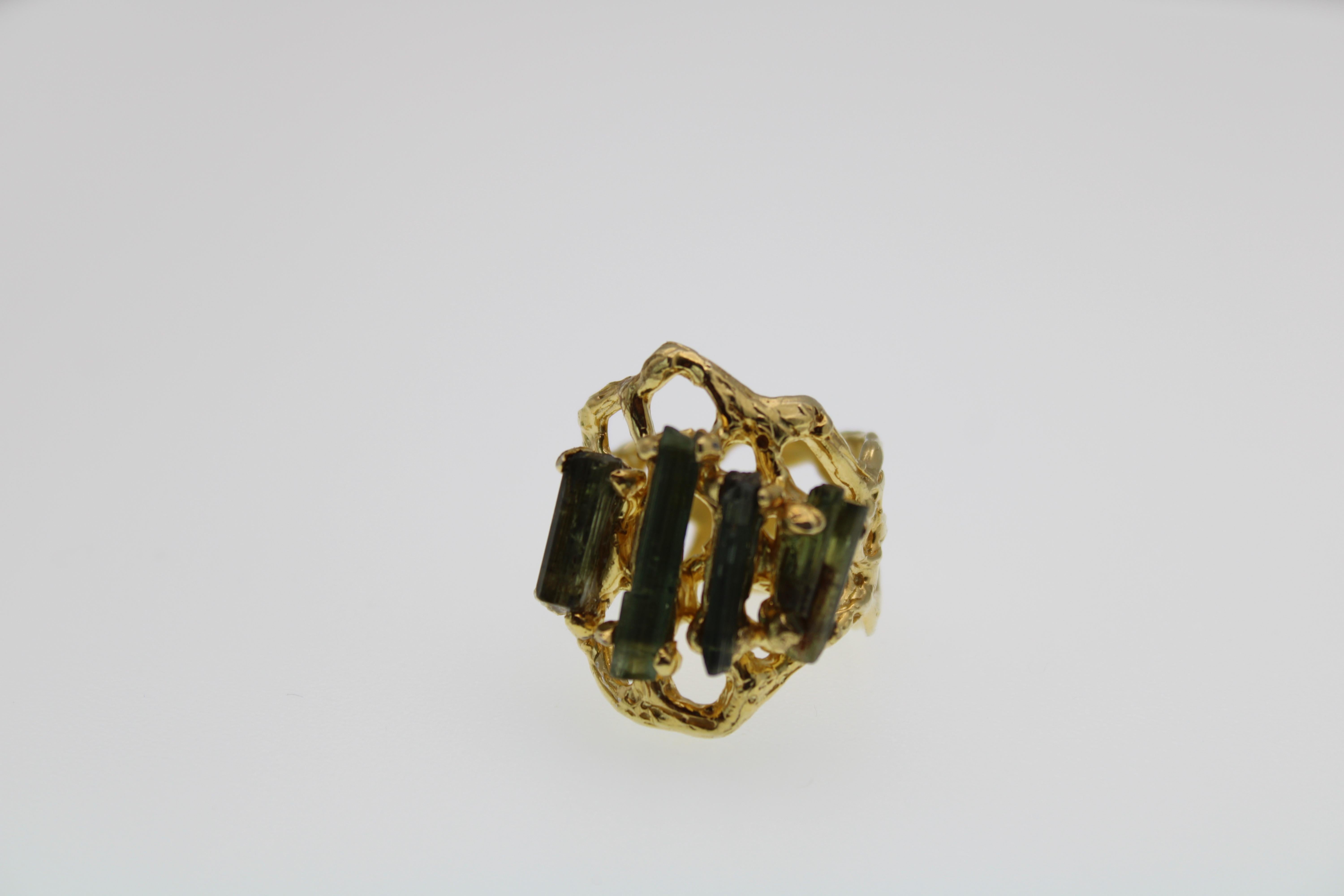 Four Stones Green Tourmaline Gold Plated Cocktail Ring  For Sale 2
