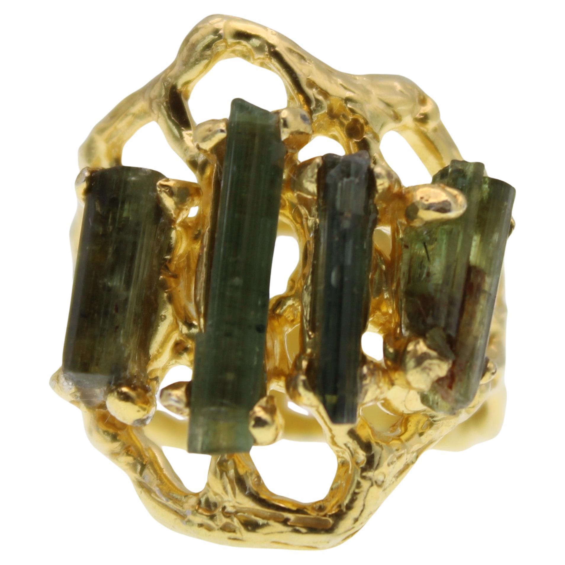 Four Stones Green Tourmaline Gold Plated Cocktail Ring  For Sale