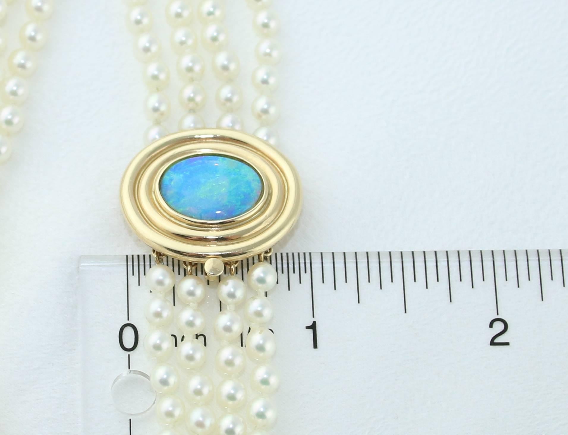 Oval Cut Four Strand Cultured Akoya Pearls with Australian Opal Gold Necklace For Sale
