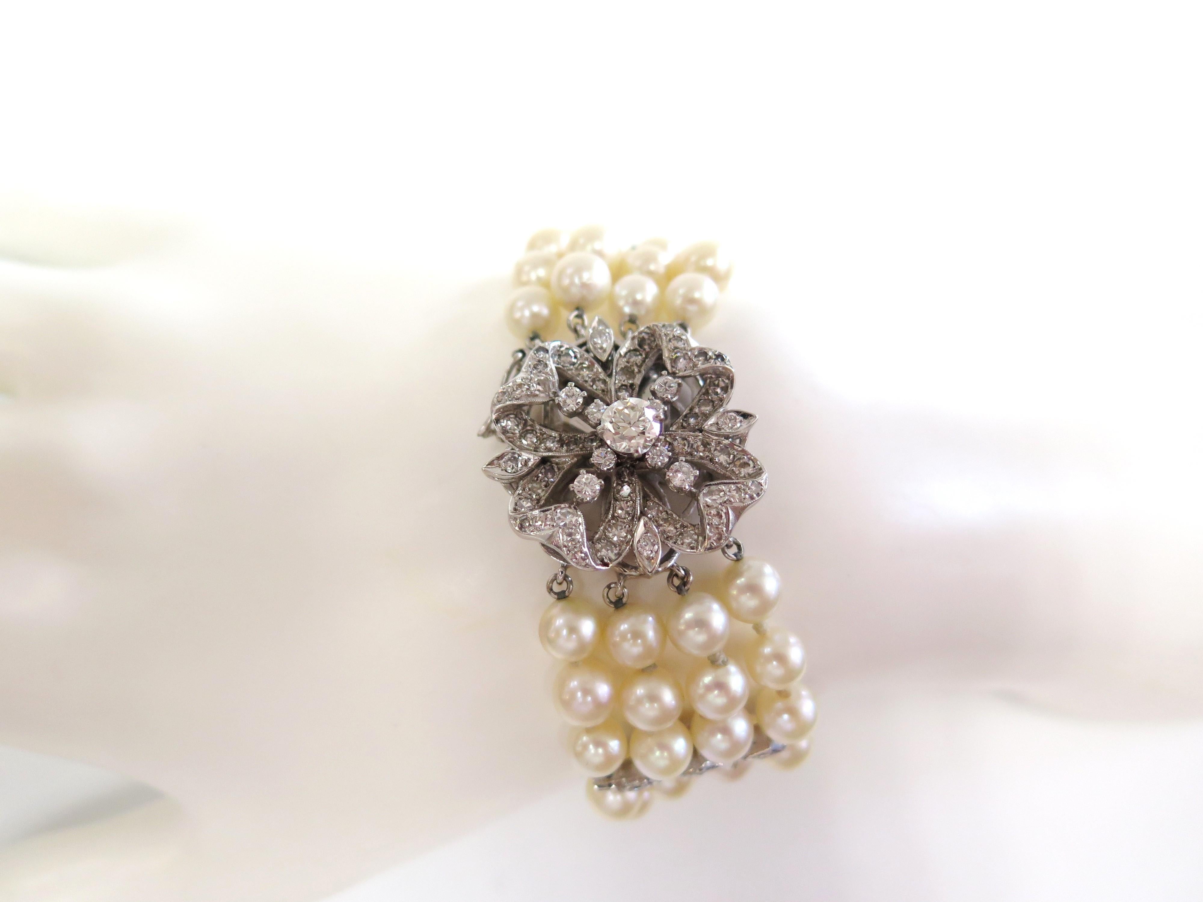 Retro Four Strand Cultured Pearl Bracelet w Diamond Clasp - 2.50 Carats total / 14k