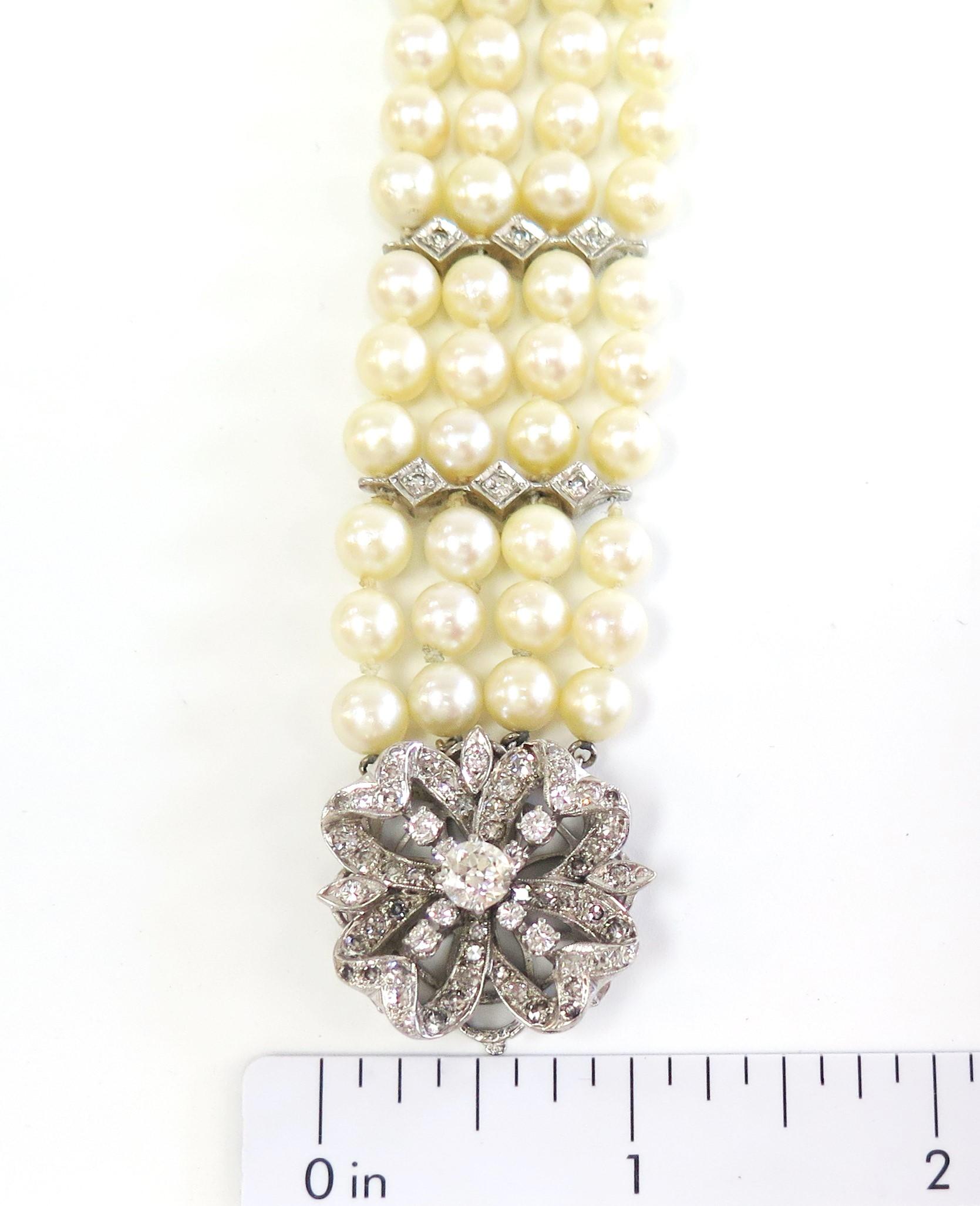 Four Strand Cultured Pearl Bracelet w Diamond Clasp - 2.50 Carats total / 14k In Excellent Condition In Bellmore, NY