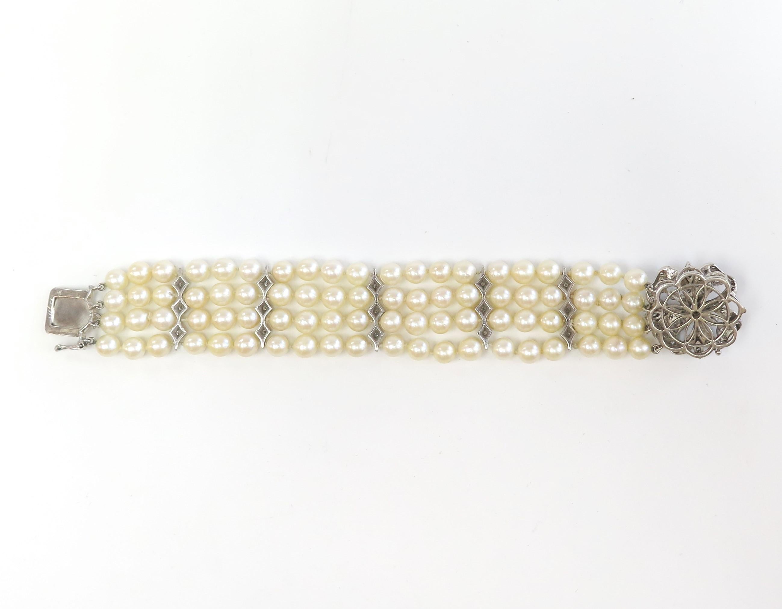 Women's Four Strand Cultured Pearl Bracelet w Diamond Clasp - 2.50 Carats total / 14k