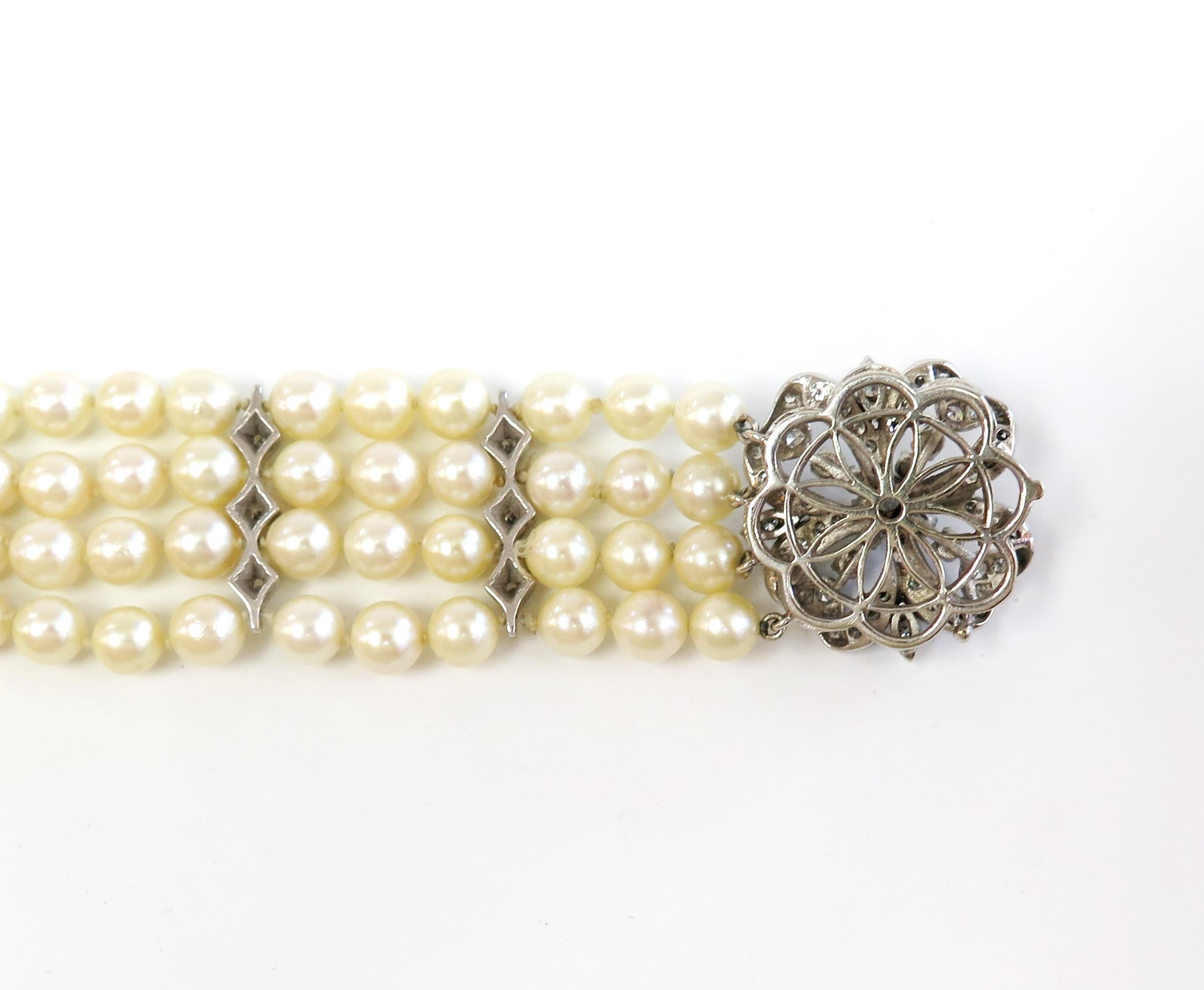 Four Strand Cultured Pearl Bracelet w Diamond Clasp - 2.50 Carats total / 14k 1