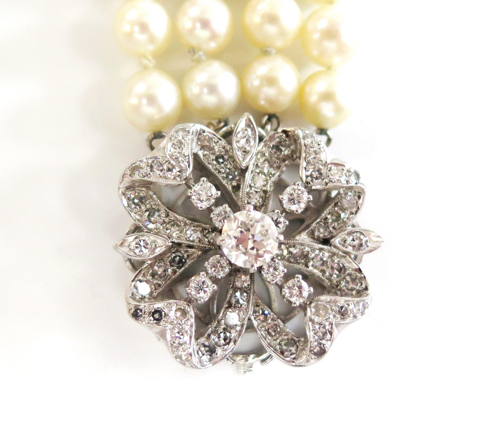 Four Strand Cultured Pearl Bracelet w Diamond Clasp - 2.50 Carats total / 14k 2