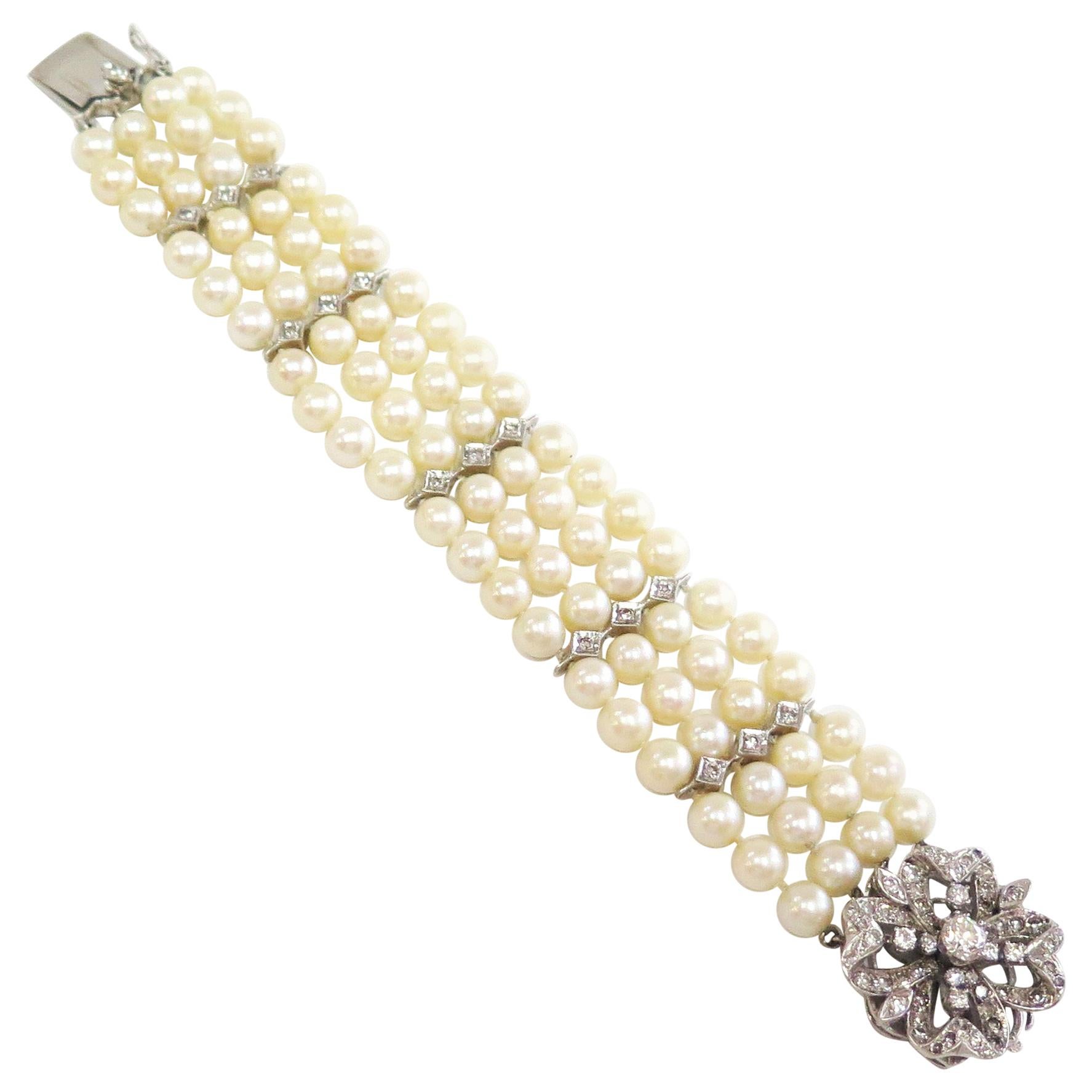 Four Strand Cultured Pearl Bracelet w Diamond Clasp - 2.50 Carats total / 14k