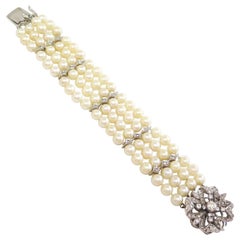 Four Strand Cultured Pearl Bracelet w Diamond Clasp - 2.50 Carats total / 14k