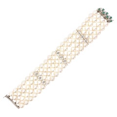 Four Strand Cultured Pearl Bracelet with Diamond and Emerald Clasp