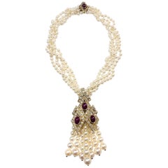 Four Strand Cultured Pearl, Gold, Cabochon Ruby and Diamond Fringe Necklace