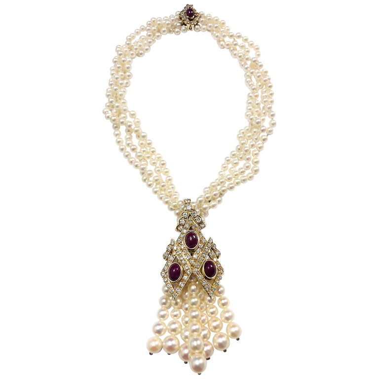 Four Strand Cultured Pearl, Gold, Cabochon Ruby and Diamond Fringe ...