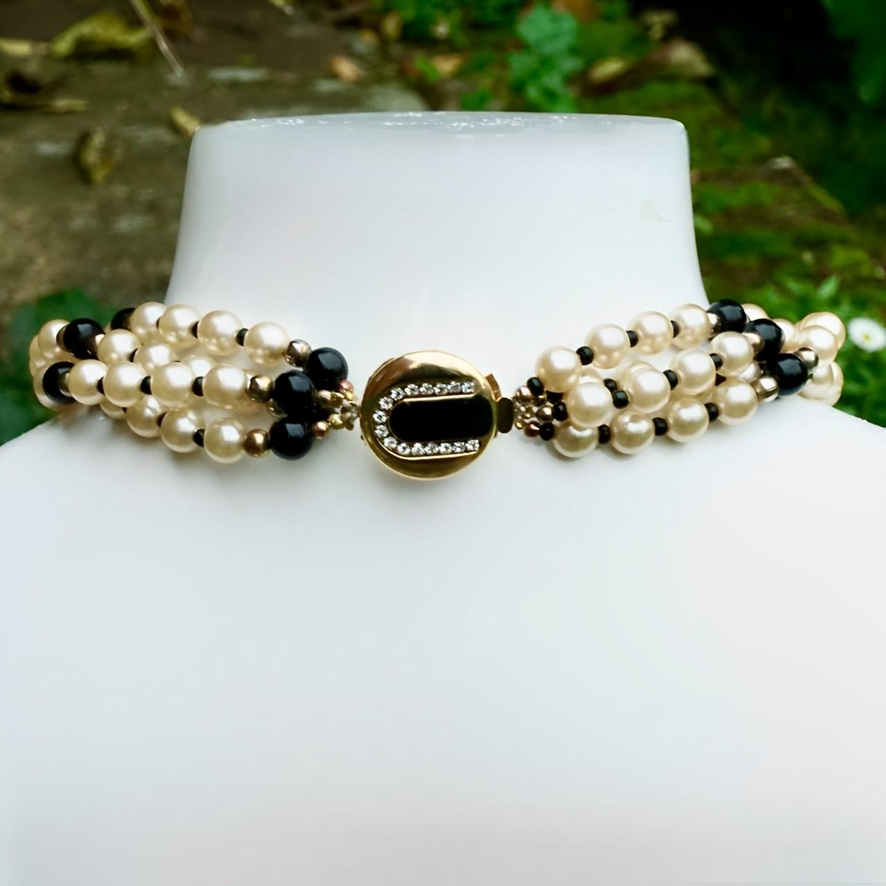 da uomo o donna Collana a quattro fili di perle finte e perle di vetro nere con chiusura ornata in vendita