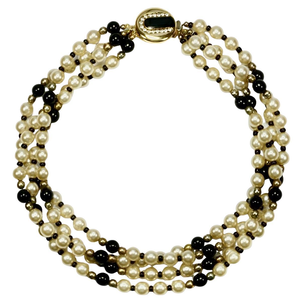 Four Strand Faux Pearl and Black Glass Bead Necklace with Ornate Clasp