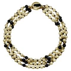 Four Strand Faux Pearl and Black Glass Bead Necklace with Ornate Clasp