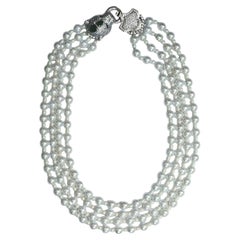 Four Strand Faux Pearls Necklace with Silver Plated Pavé Panther Clasp