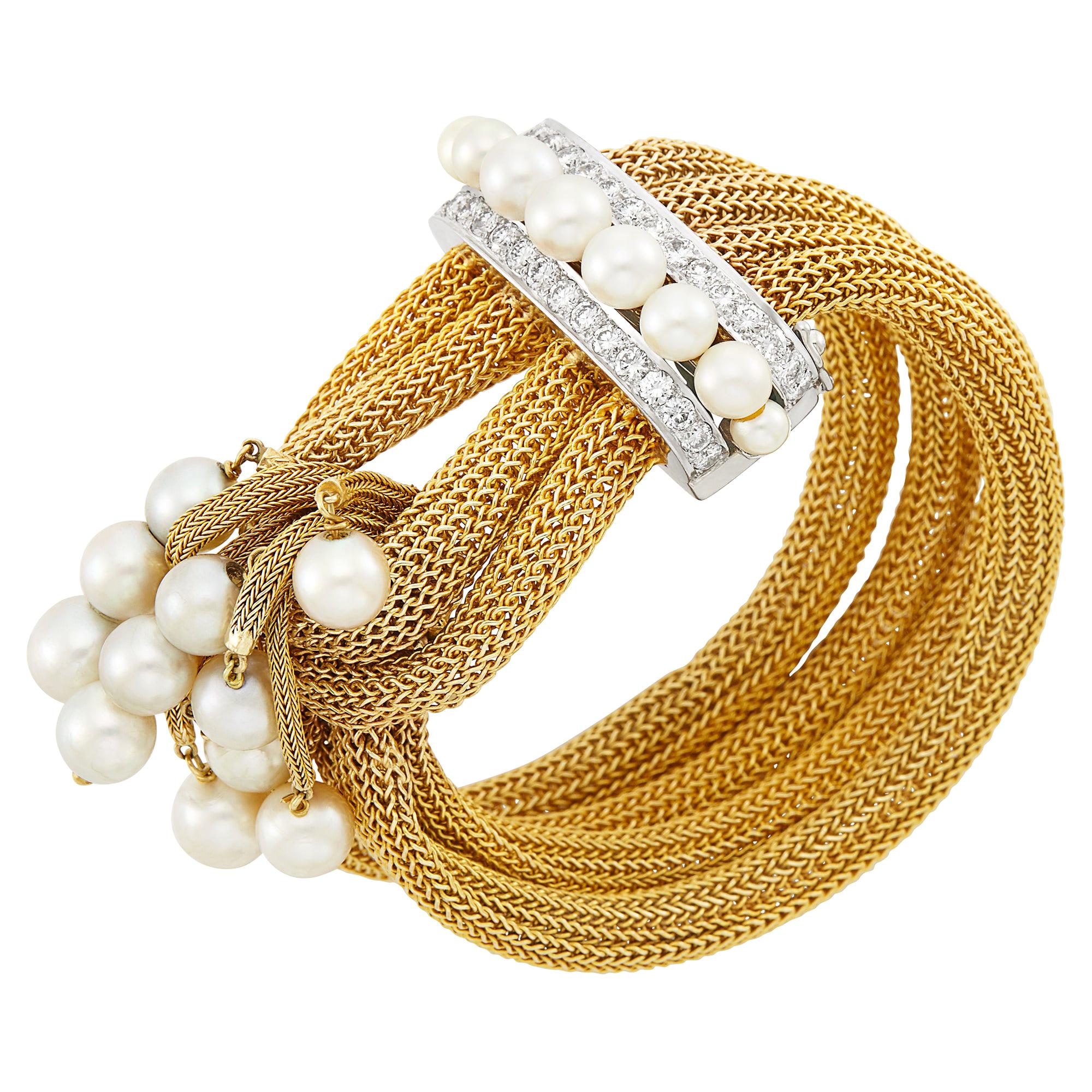 Four Strand Gold Mesh, White Gold, Cultured Pearl and Diamond Fringe Bracelet For Sale