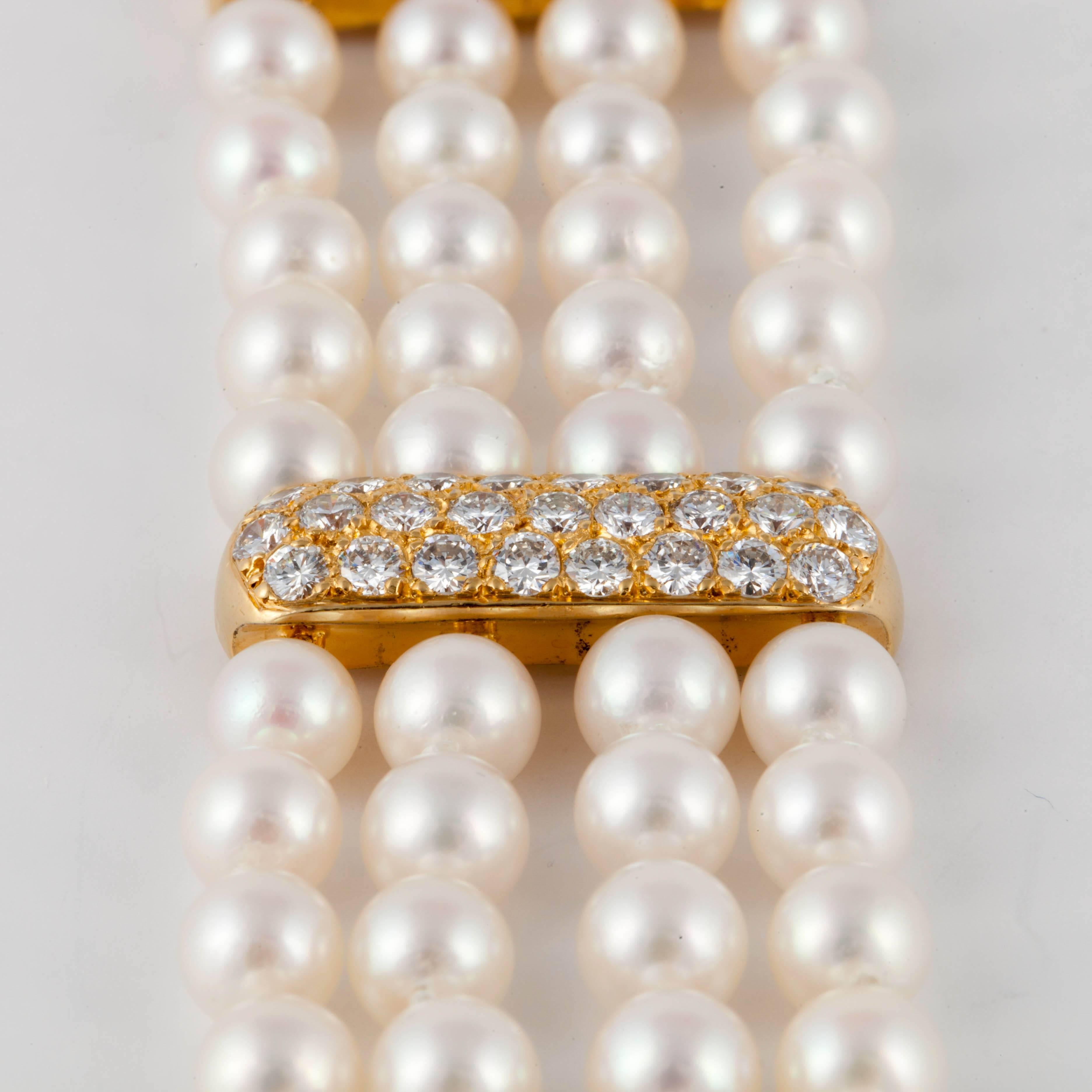 Round Cut Multi-Strand Pearl and Diamond Bracelet For Sale